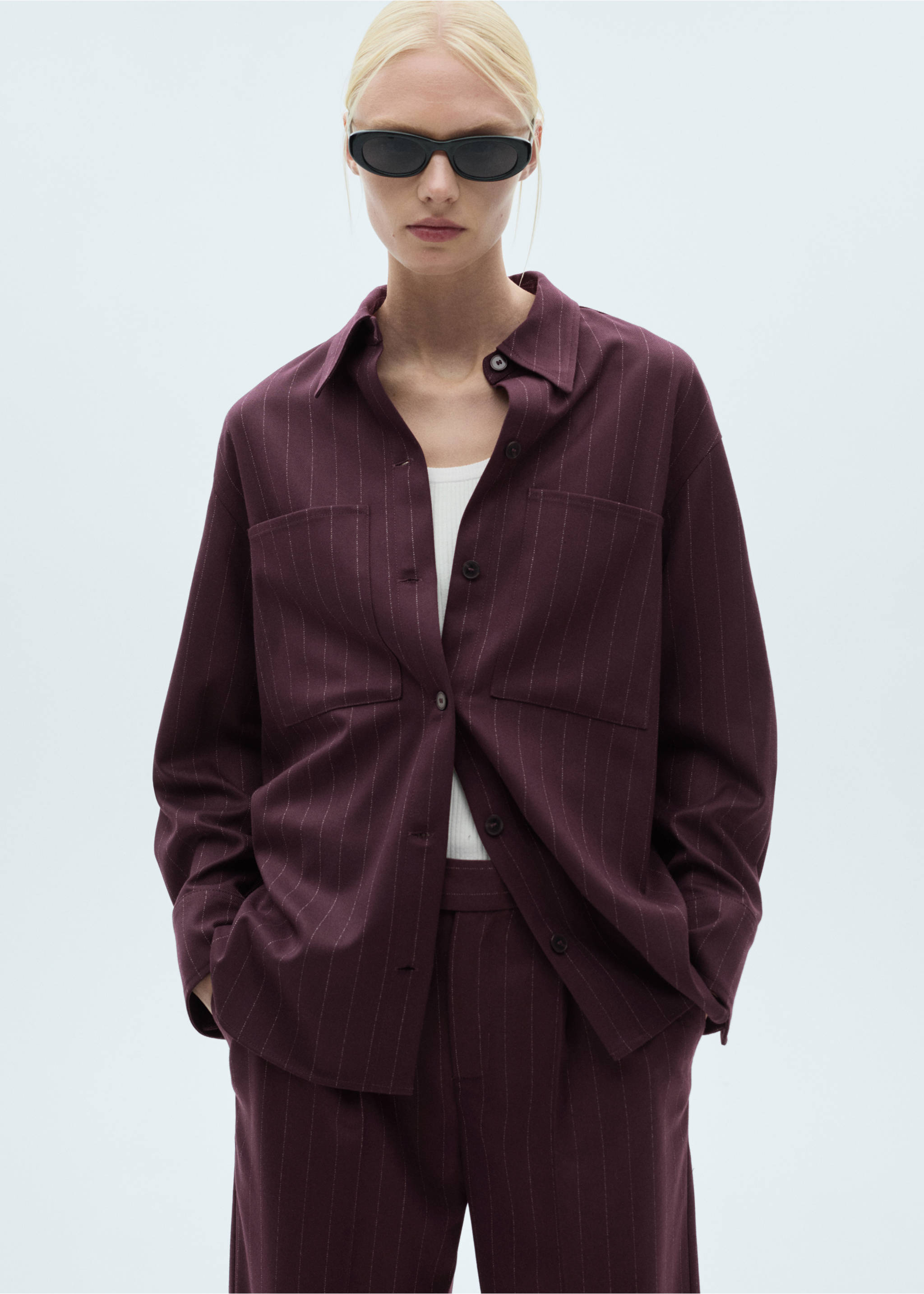 Burgundy pinstriped overshirt with chest pockets and front button fastening., Wine. Ref: 77068280-00.