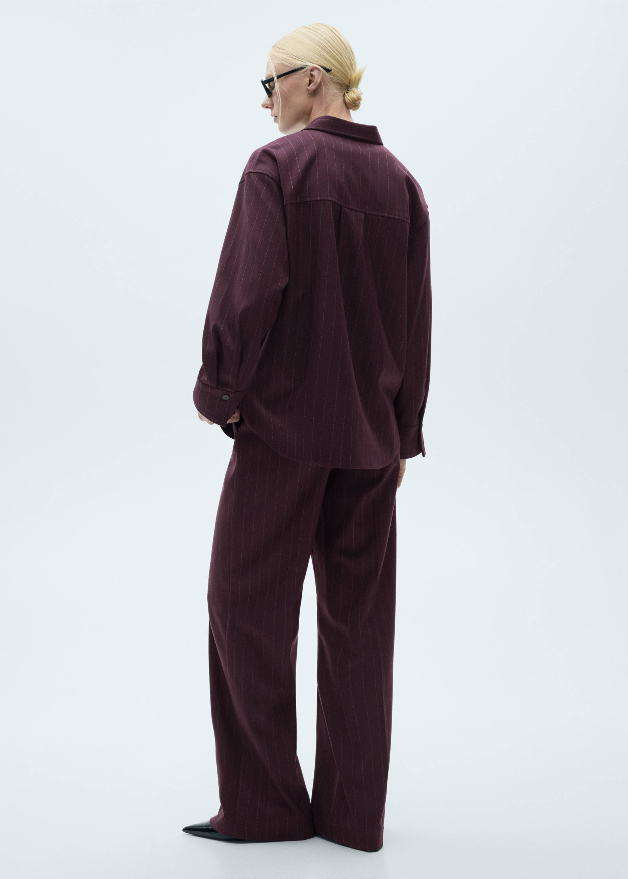 Burgundy pinstripe overshirt, back view., Wine. Ref: 77068280-00.