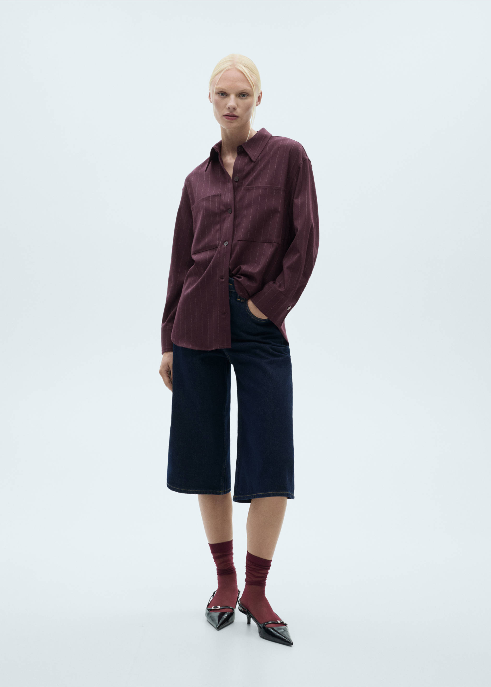 Burgundy pinstripe overshirt with chest pockets and front button fastening., Wine. Ref: 77068280-00.