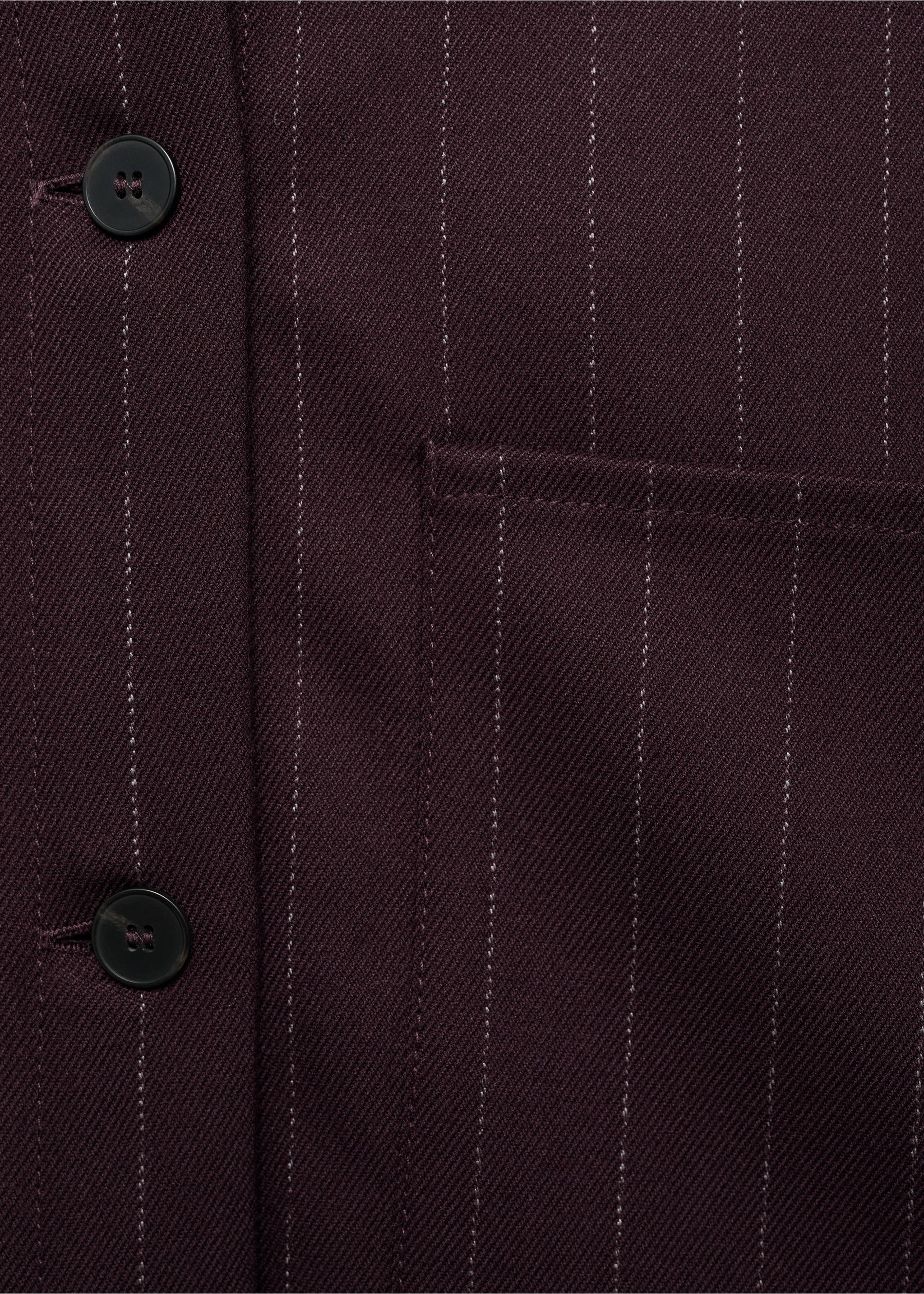 Close-up of a dark burgundy pinstripe overshirt with buttons and a chest pocket., Wine. Ref: 77068280-00.