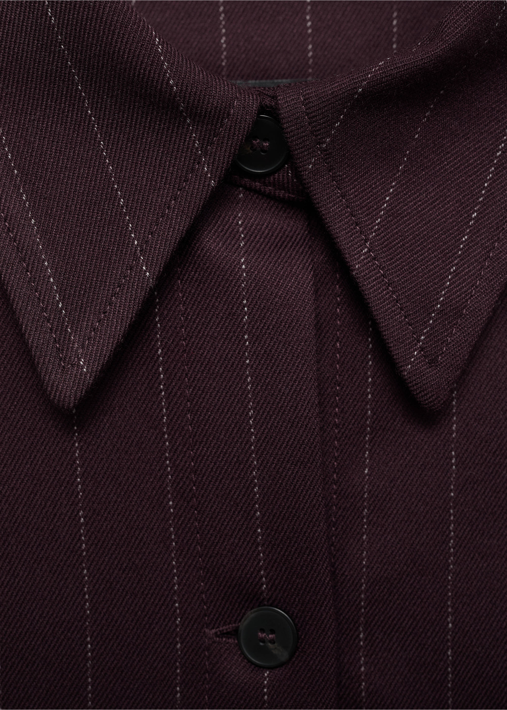 Close-up of a burgundy pinstripe overshirt collar and button placket., Wine. Ref: 77068280-00.