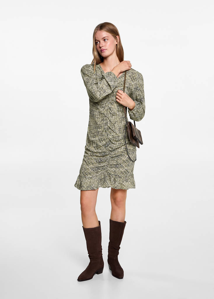 MANGO TEEN - Robe à fleurs détail froncé kaki - XS - Fille Teen