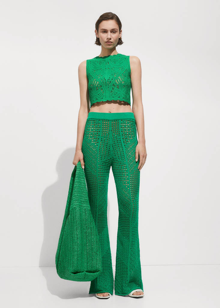 MANGO - Pantalon maille ajourée vert - S