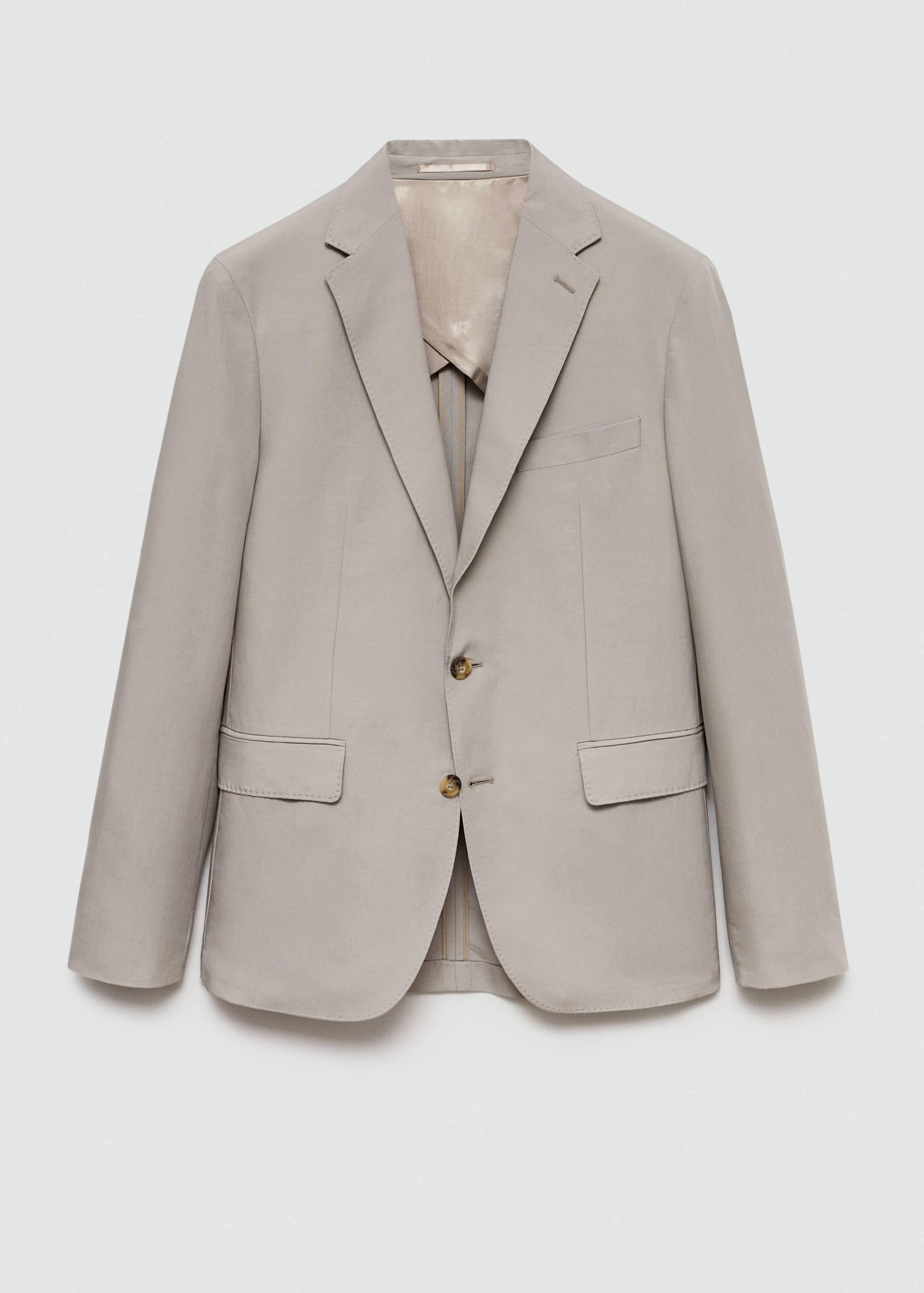 Grey single-breasted blazer with two tortoiseshell-patterned buttons and flap pockets.