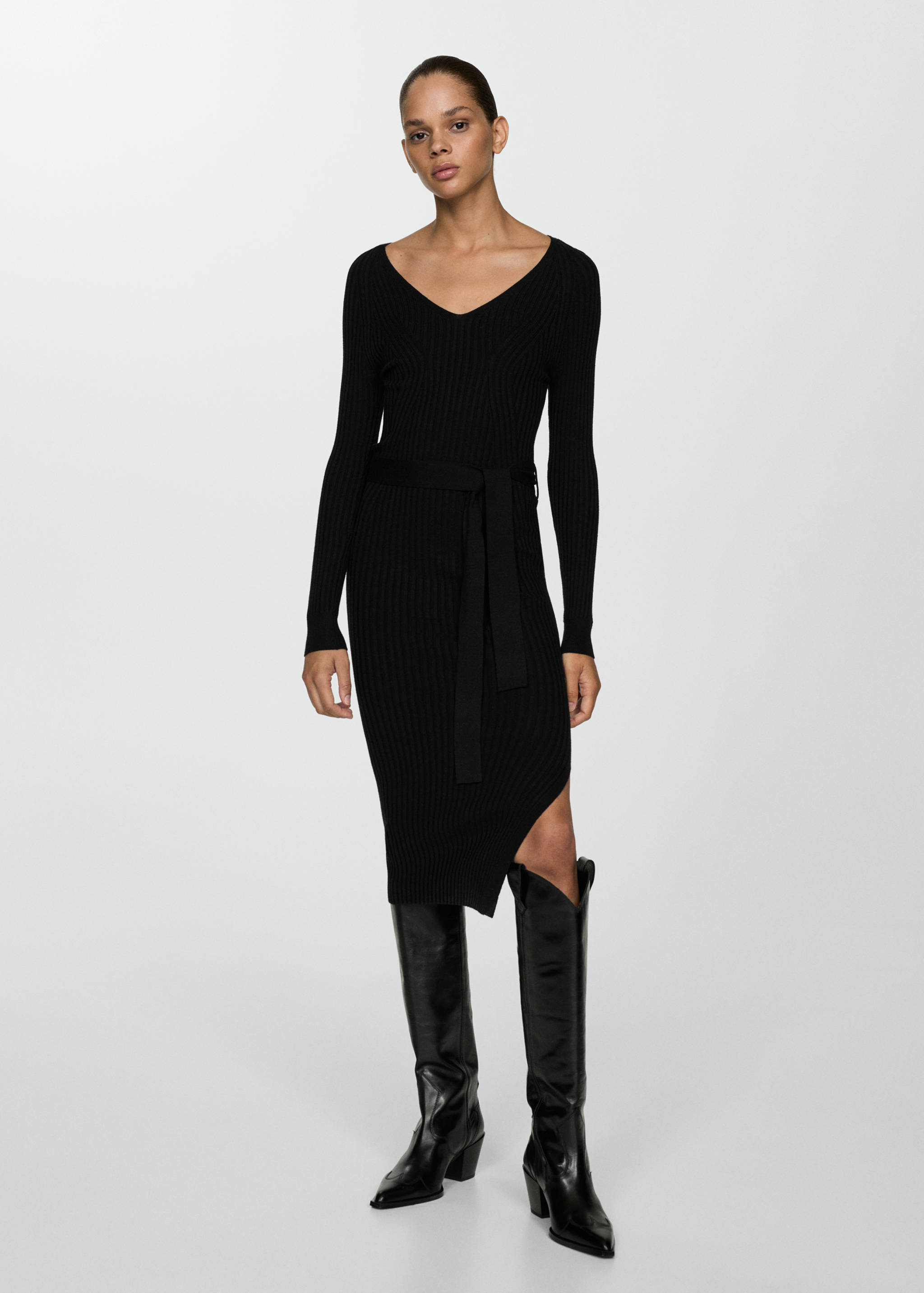 Vestido punto midi cinturón - Plano general