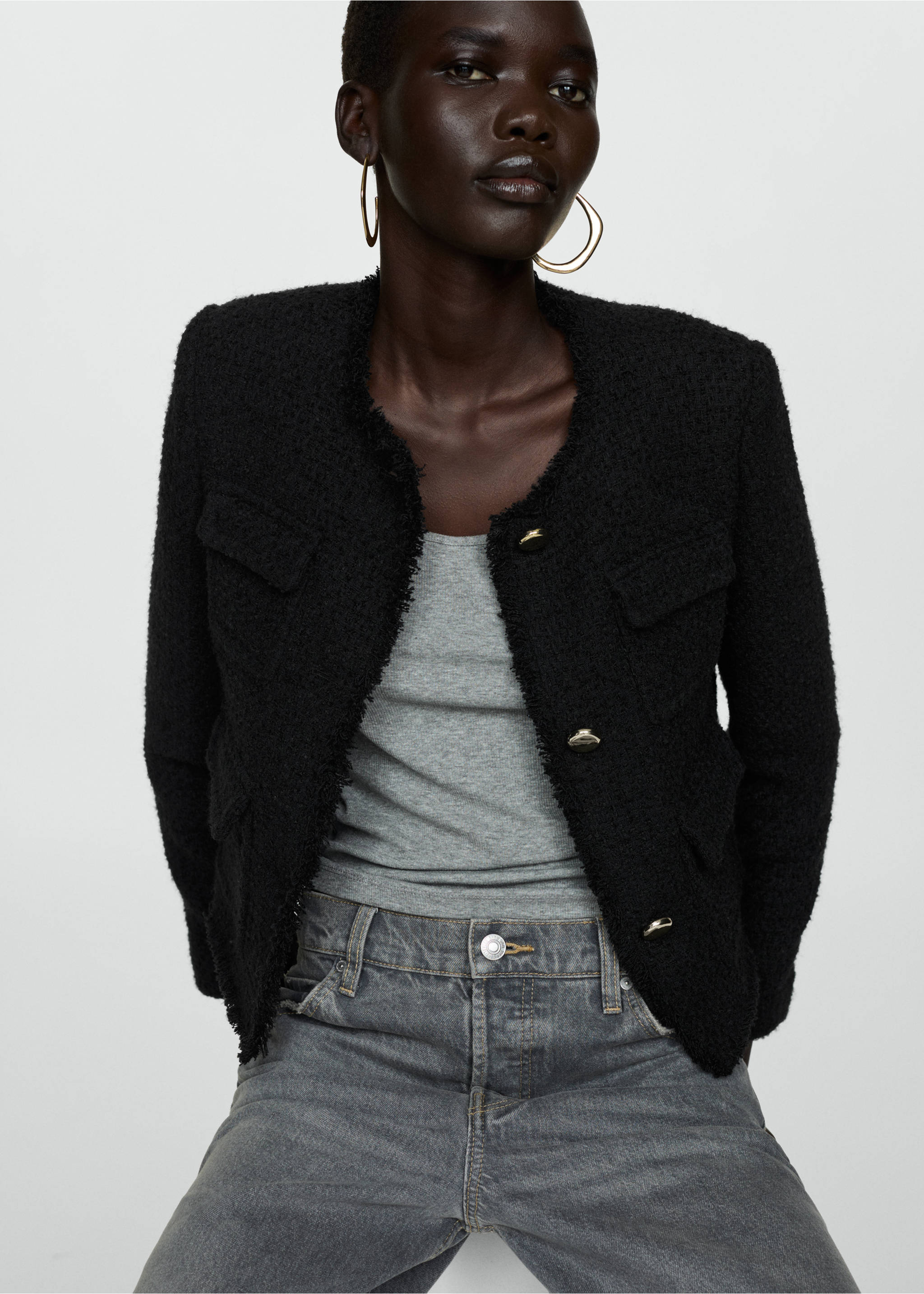 Pocket tweed jacket - Details of the article 2, Black. Ref: 77074067-00.