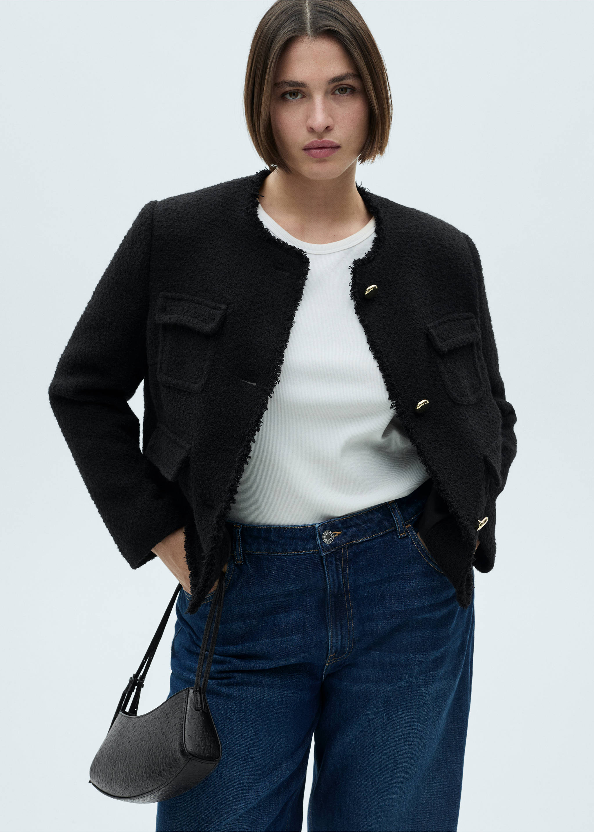 Pocket tweed jacket - Details of the article 5, Black. Ref: 77074067-00.