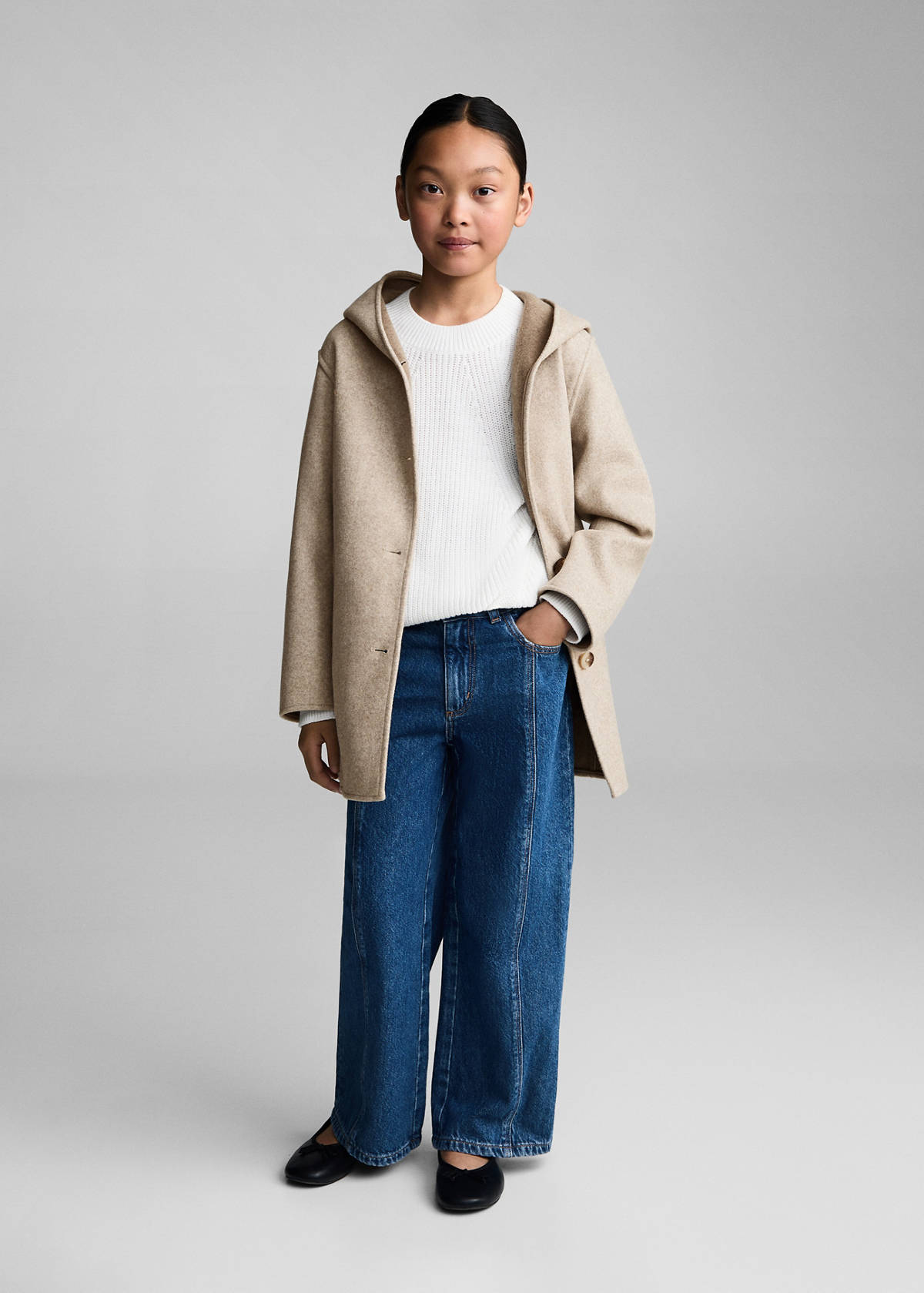 Hooded button coat — Beige
