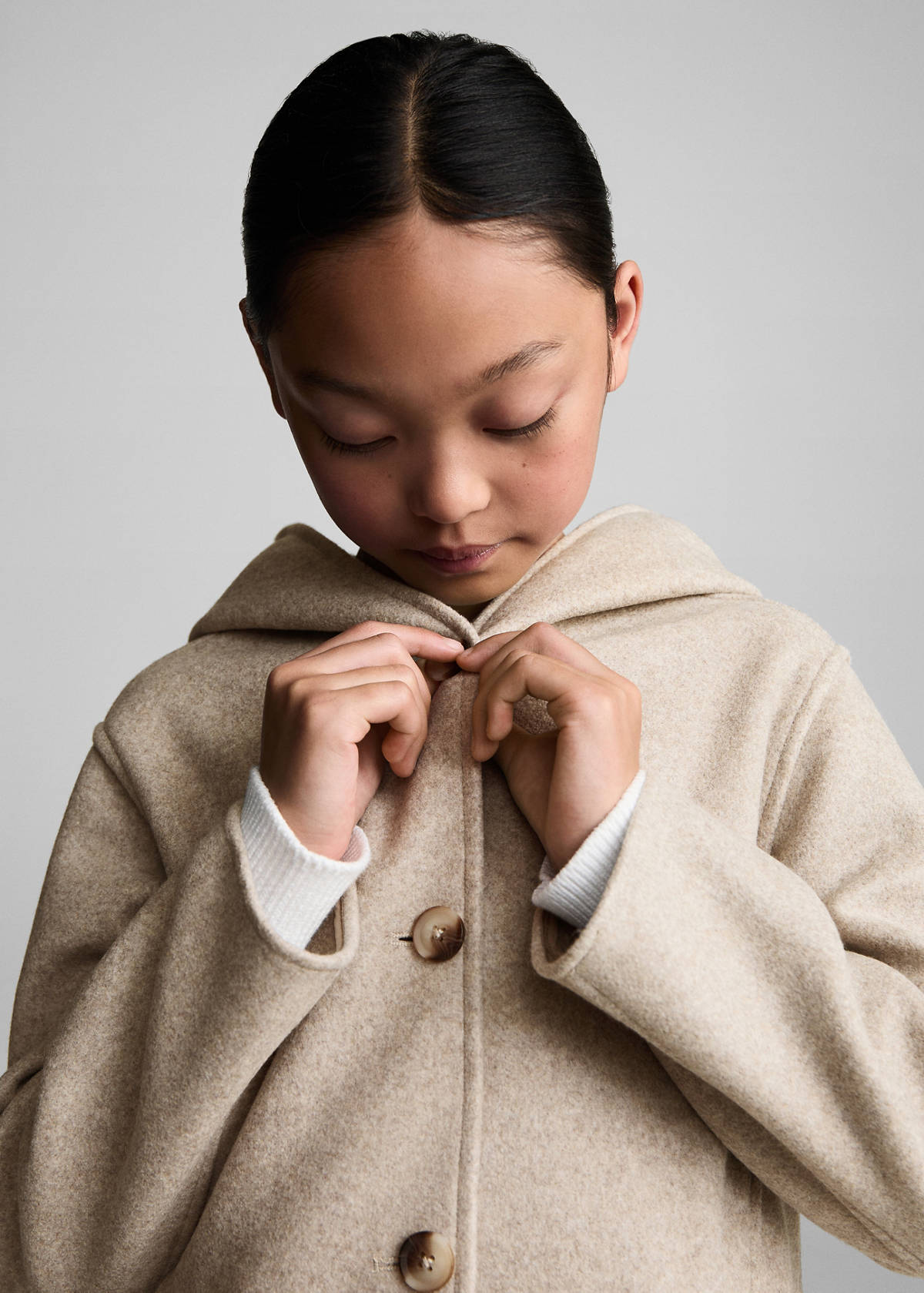 Hooded button coat — Beige