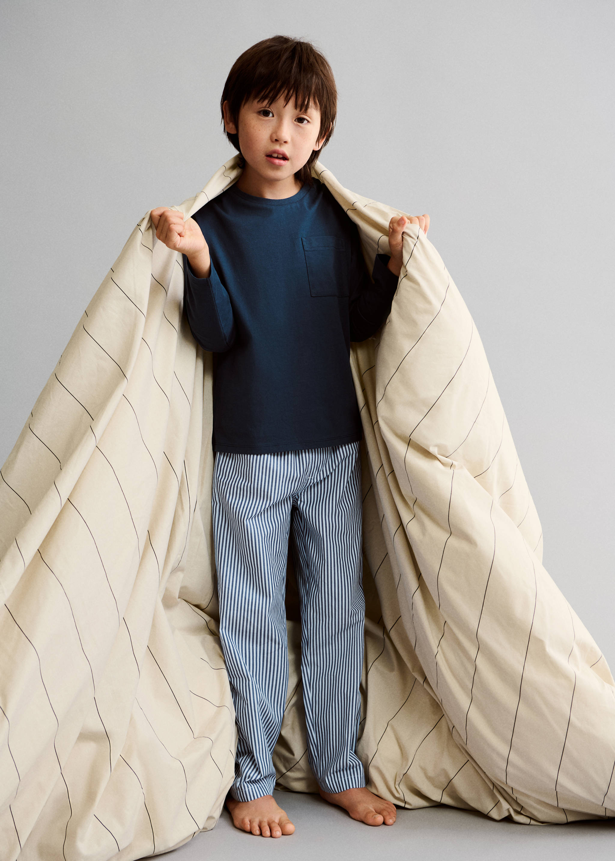 条纹棉质长款睡衣 - null