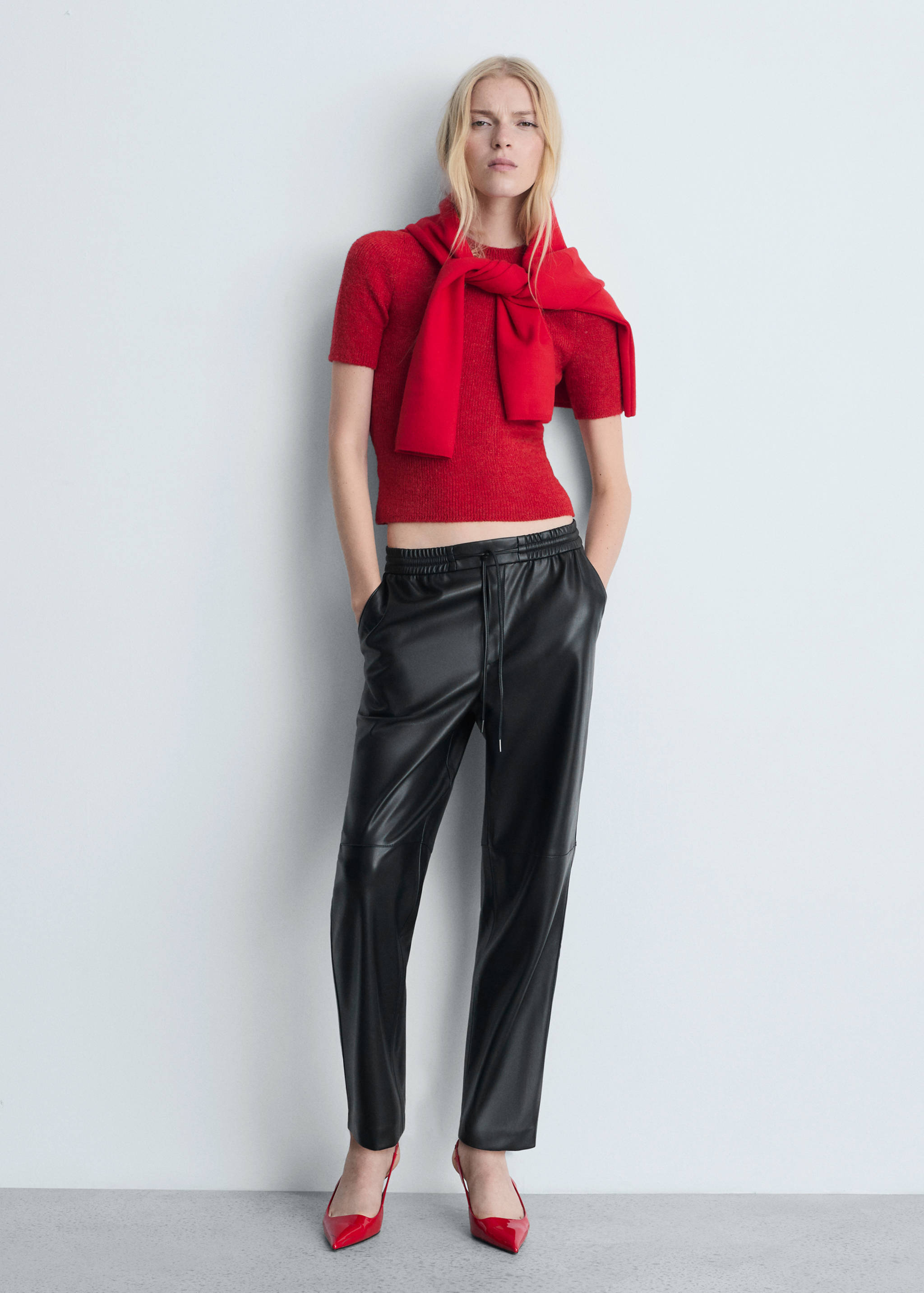 弹性腰身人造革长裤 - null