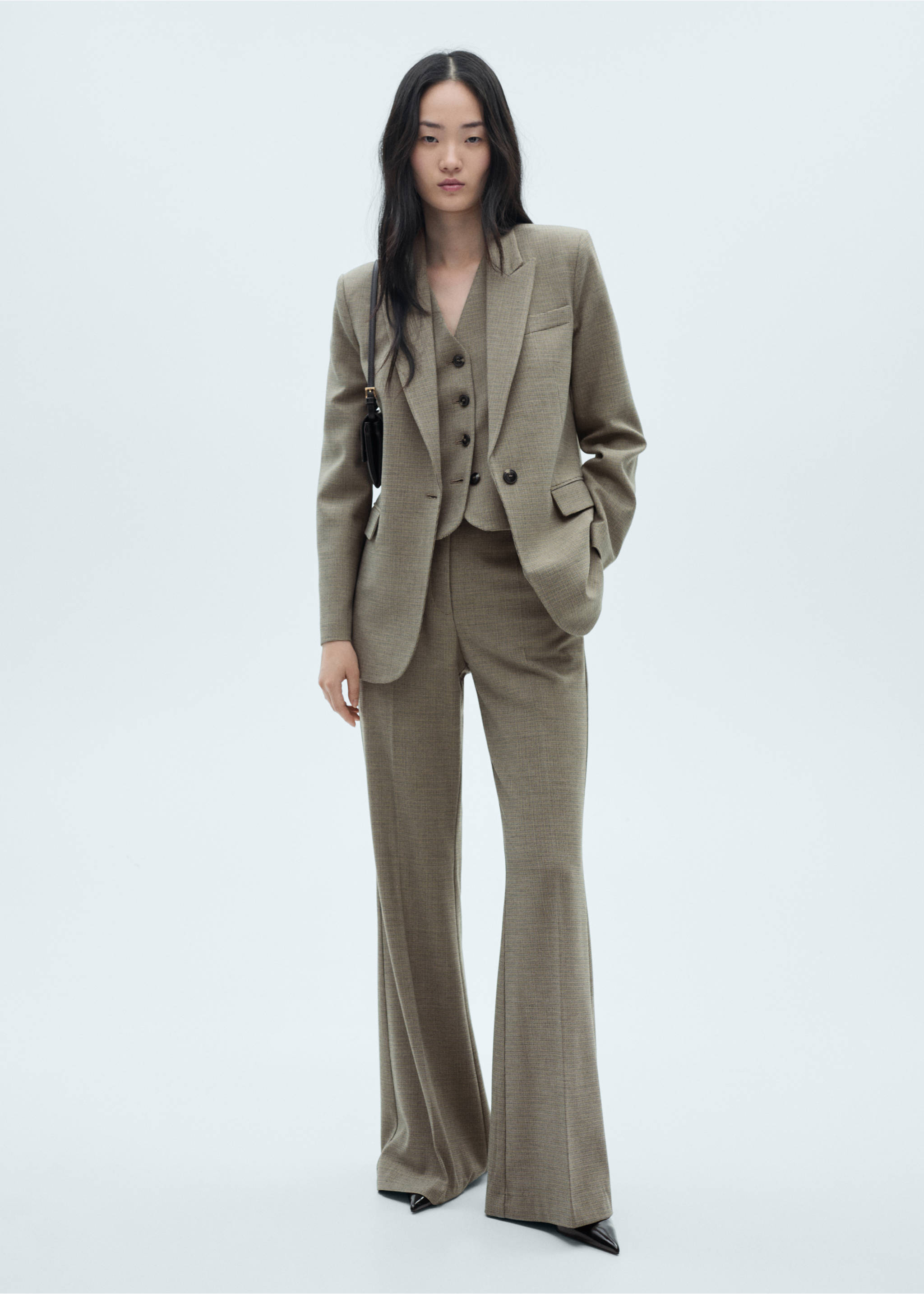 Blazer traje micro pata de gallo - Plano general, Khaki. Ref: 77076724-00.