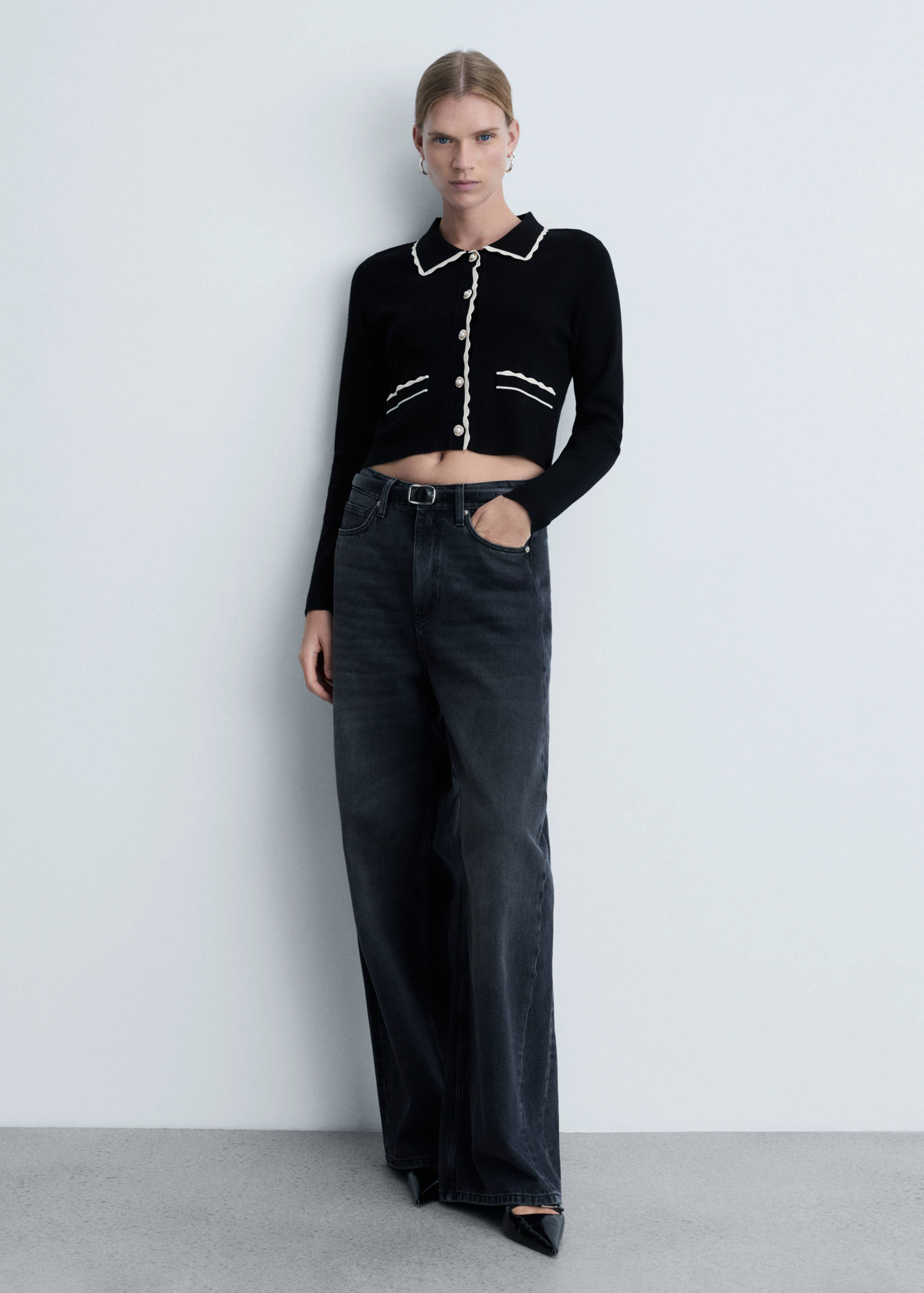 Contrast-trim cardigan with jewel buttons - General plane