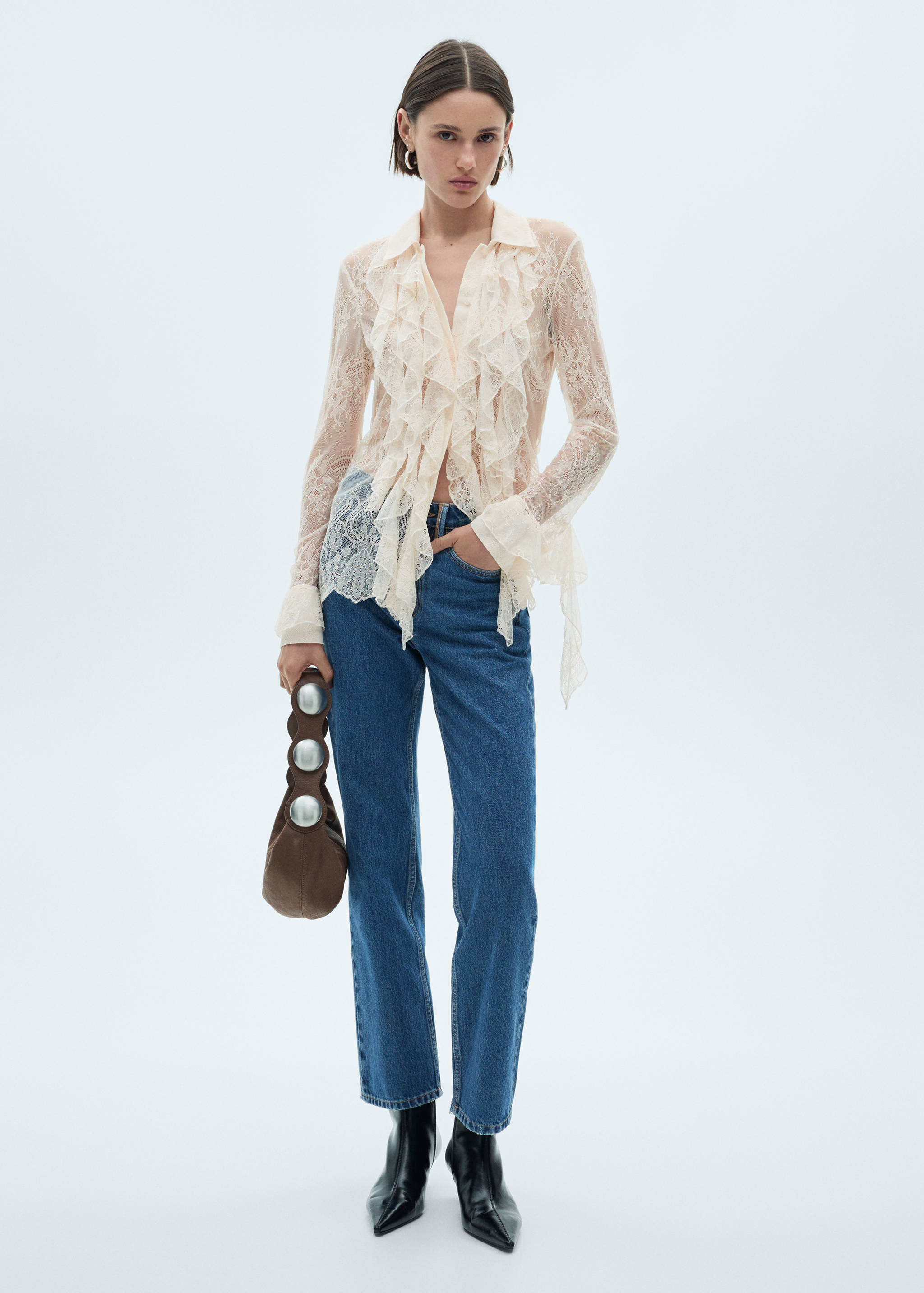 荷叶边凸花花边衬衫 - null