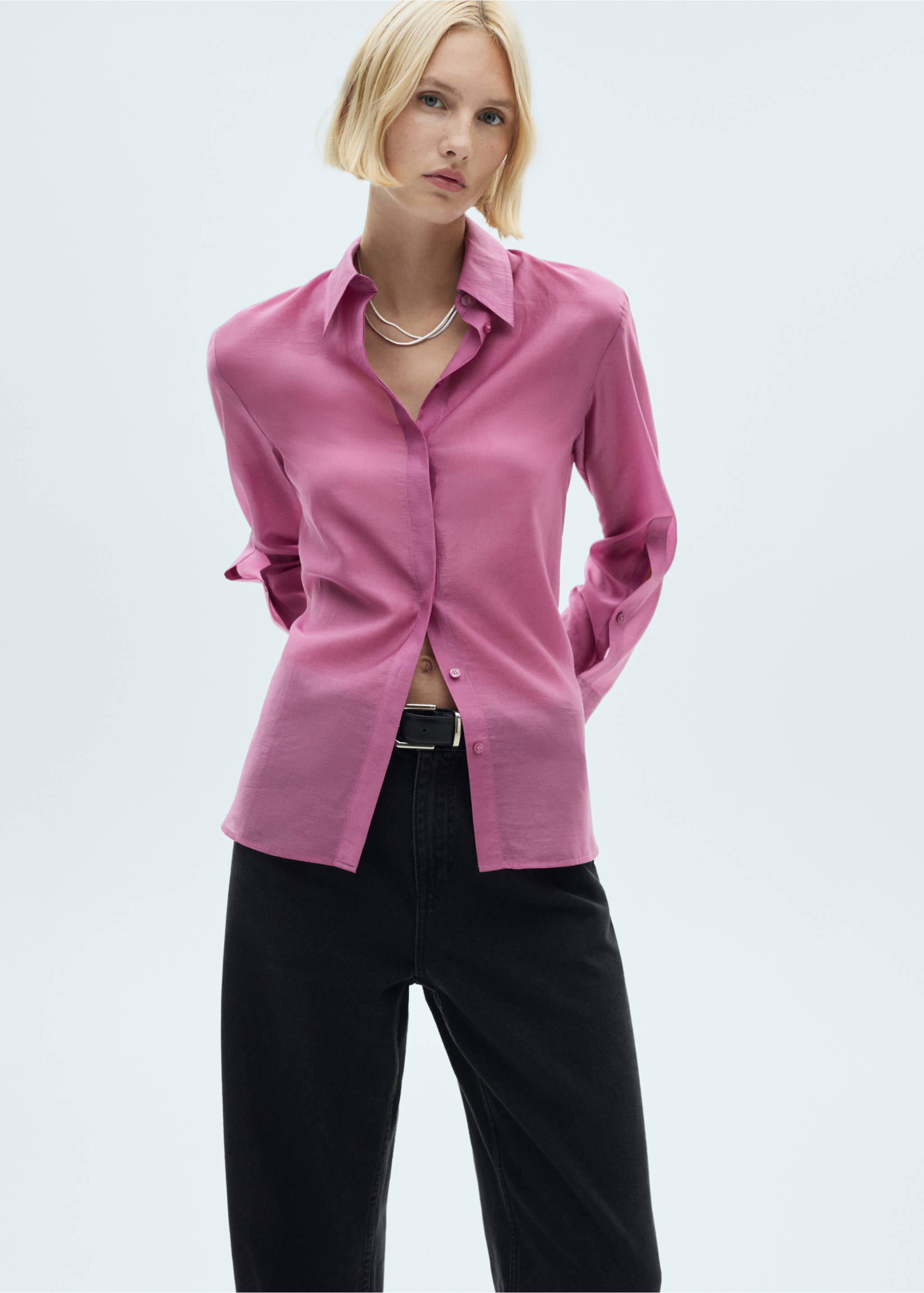 Satin lyocell shirt - Средний план, Розовый. Ref: 77077680-00.