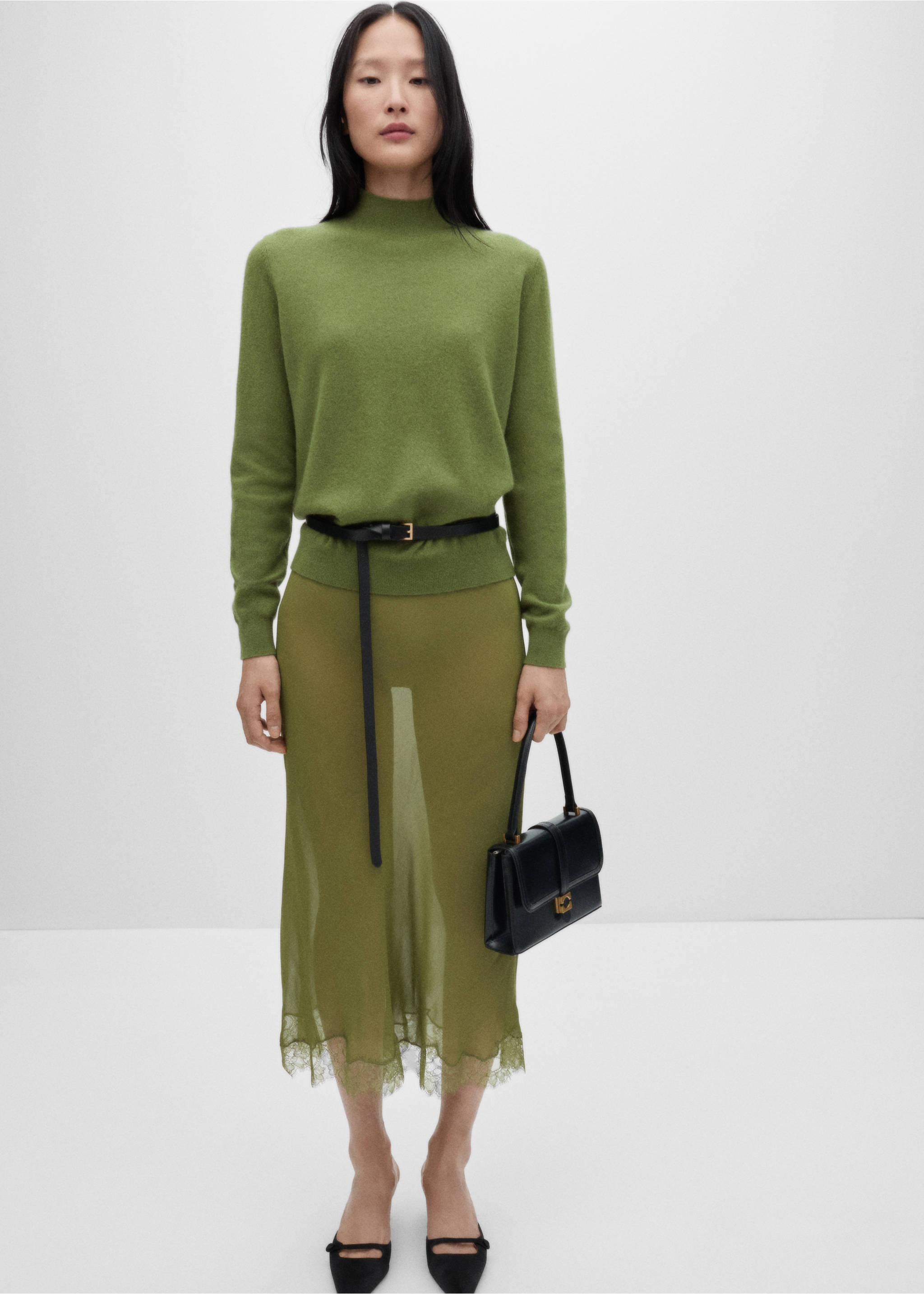 100% cashmere sweater with perkins neck - General plane, Green. Ref: 77078263-00.