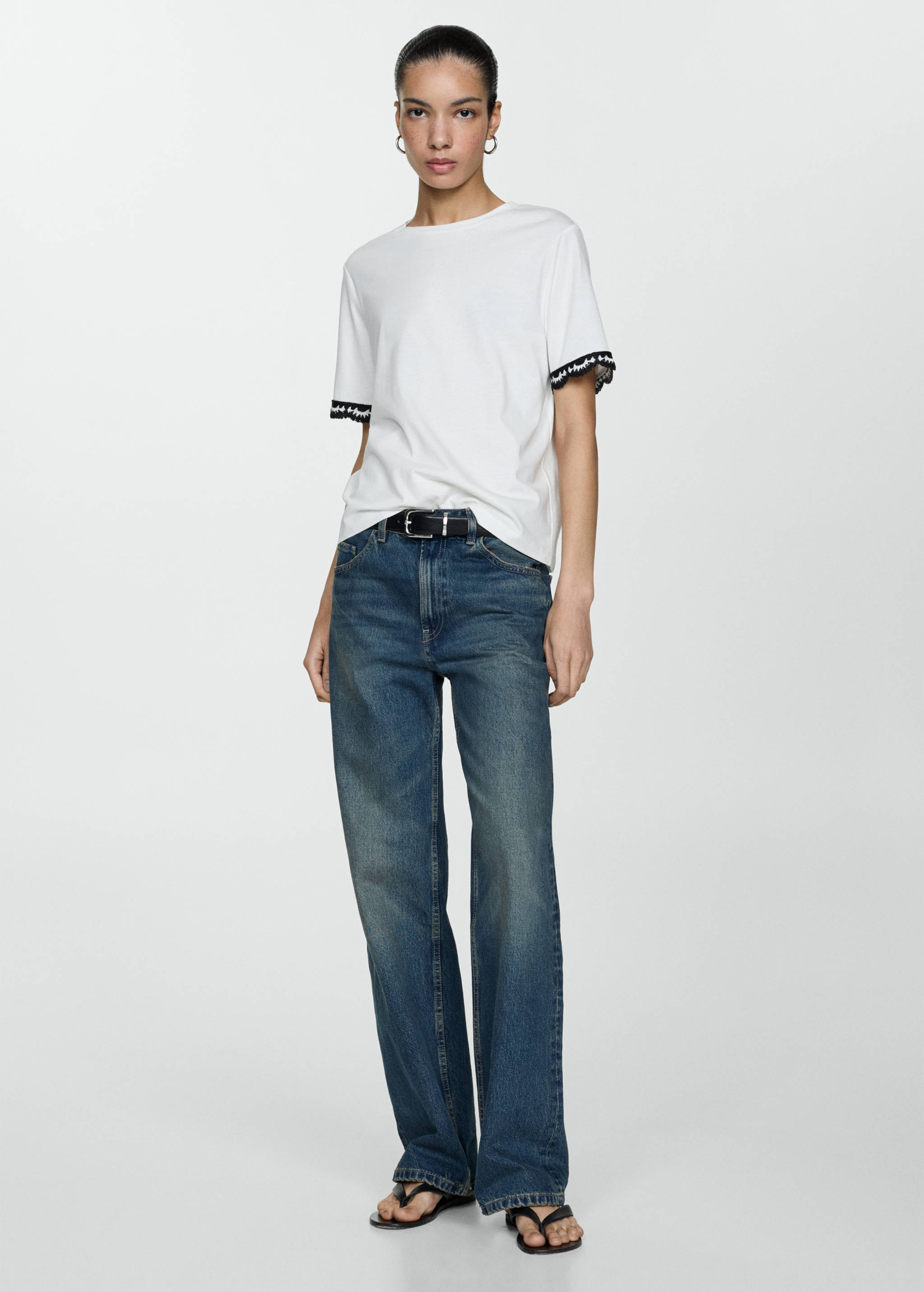 钩针编织细节袖管T恤 - null