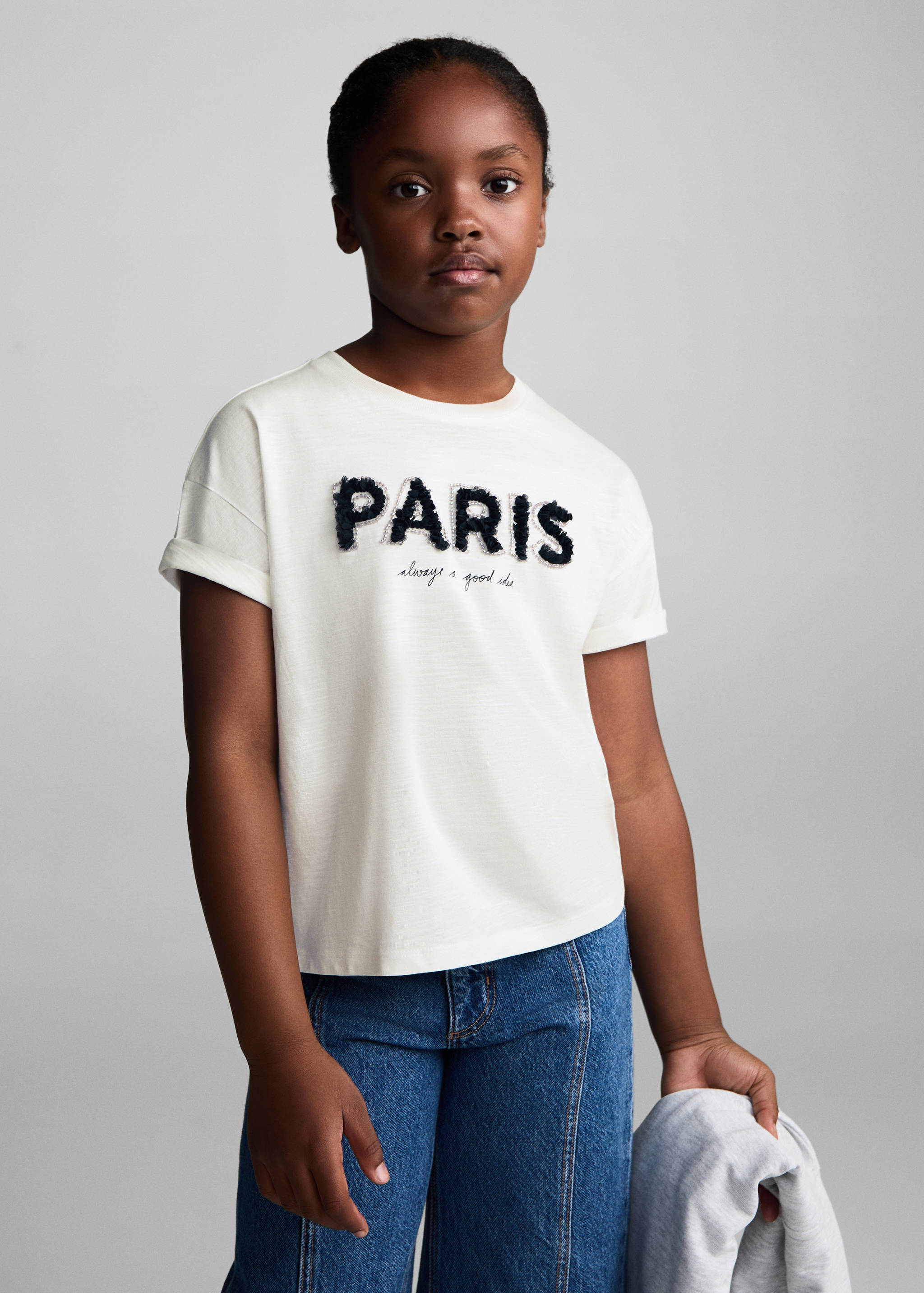 Bedrucktes Shirt mit Perlen - Mittlere Ansicht