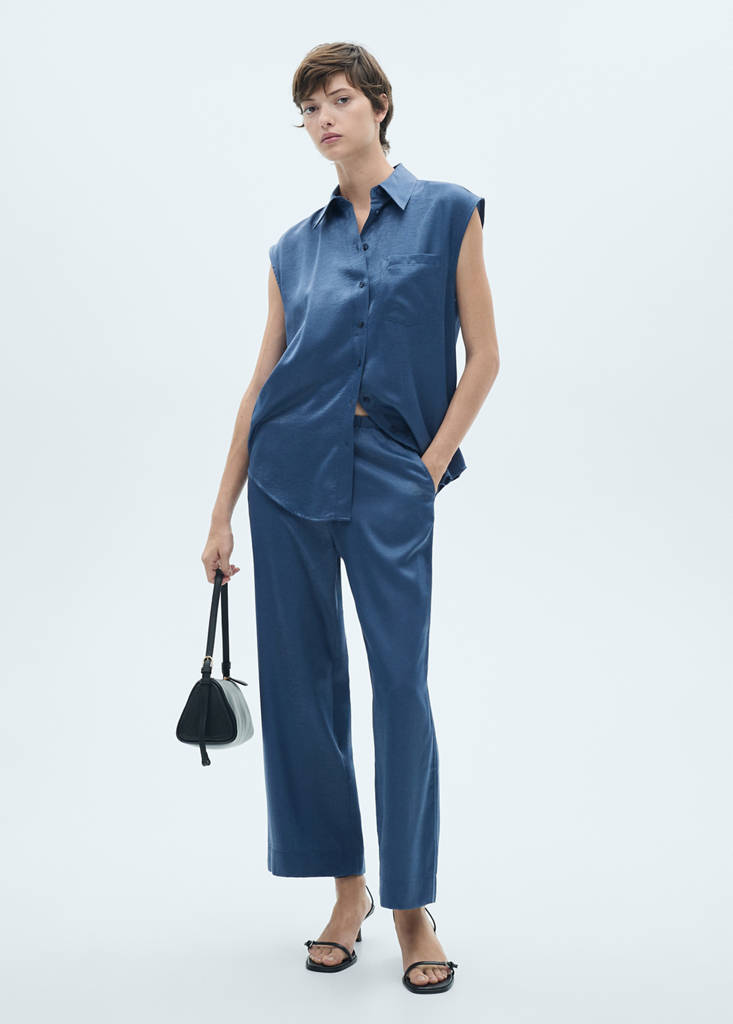Satin shirt with bow — Blue