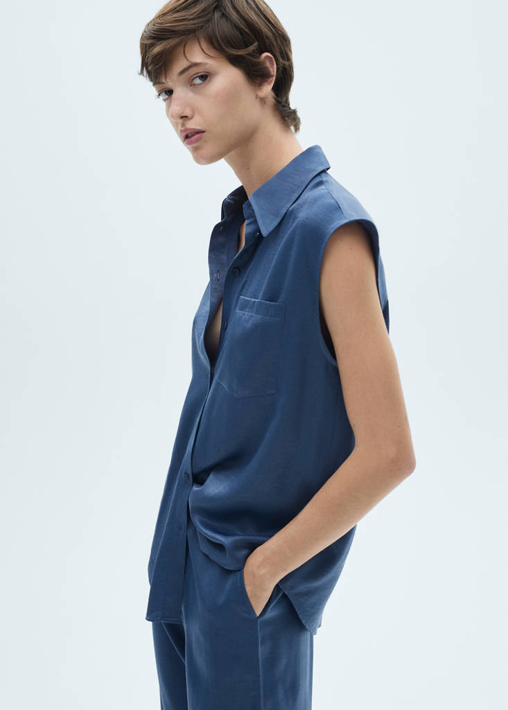 Satin shirt with bow — Blue