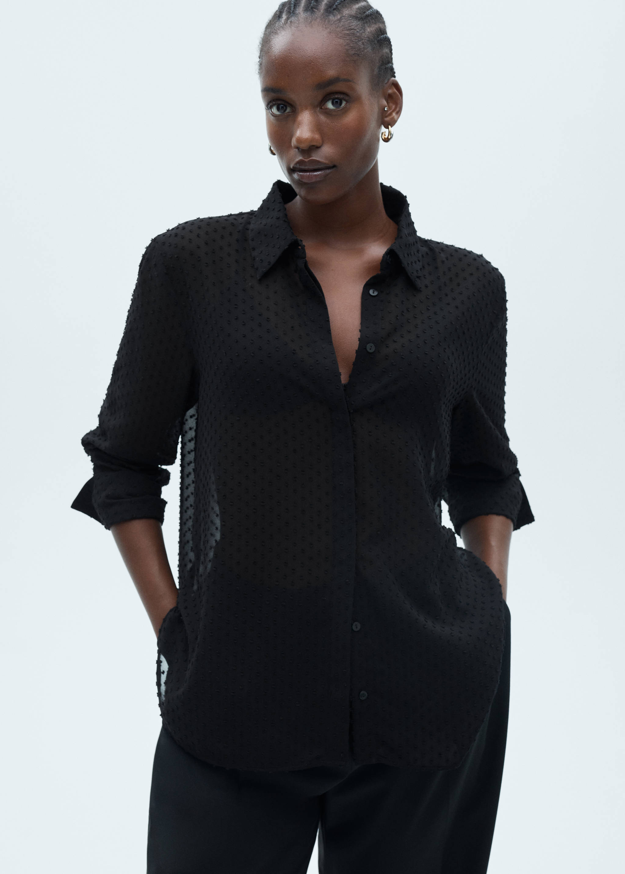 暗扣波点网纱衬衫 - null