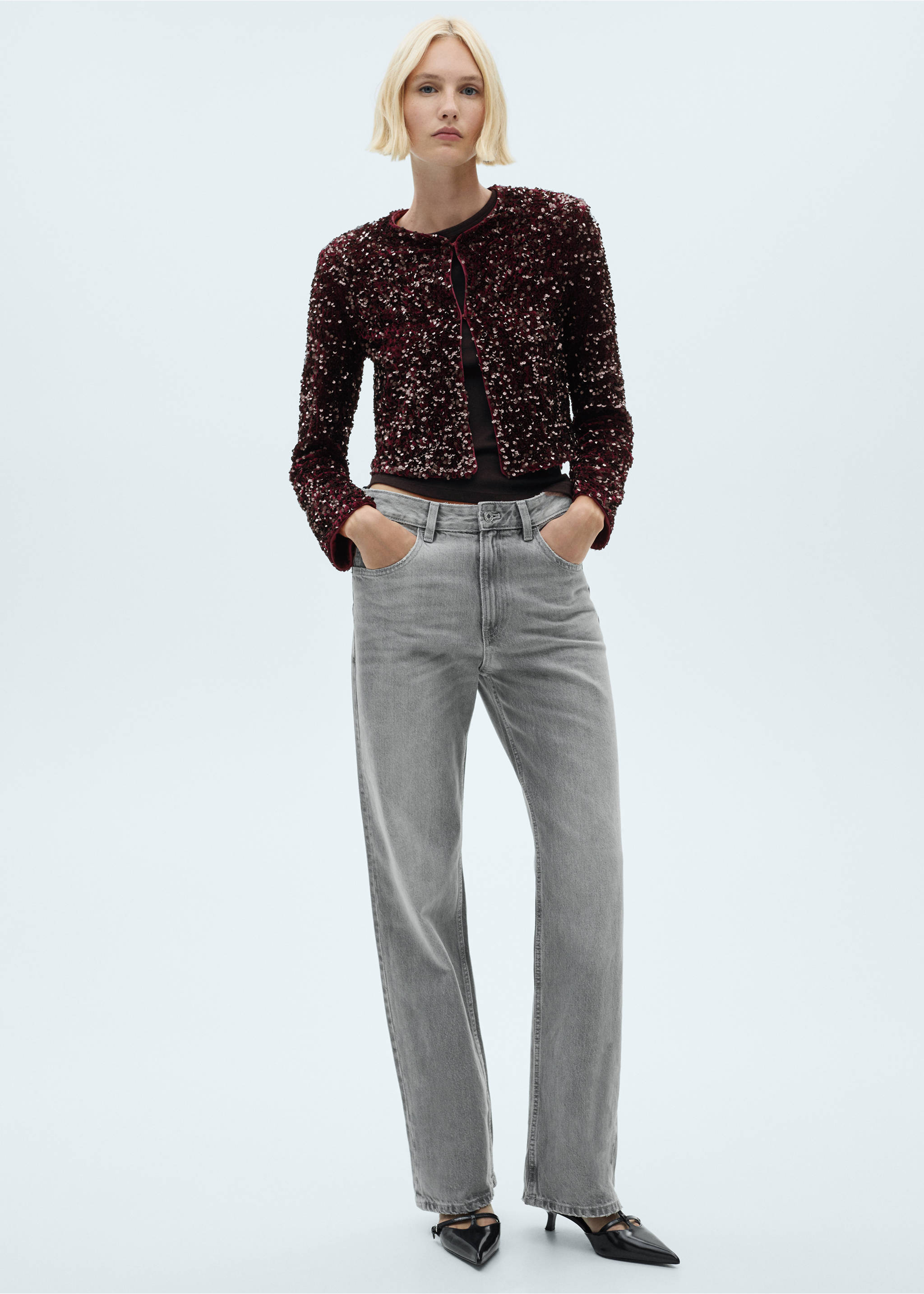 Sequin embroidered jacket - Details of the article 2, Burgundy. Ref: 77089064-01.