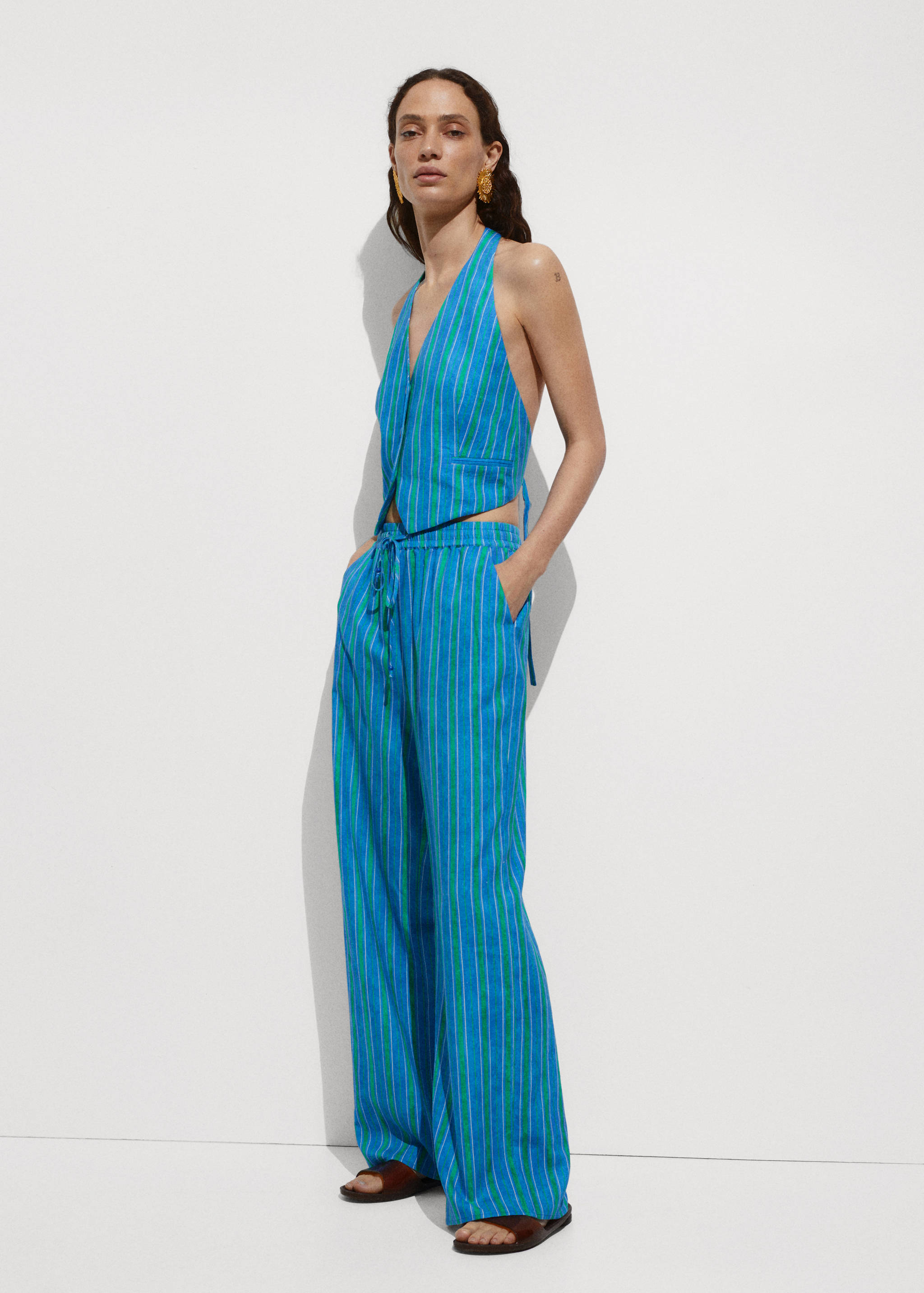 Linen stripe-printed trousers - General plane