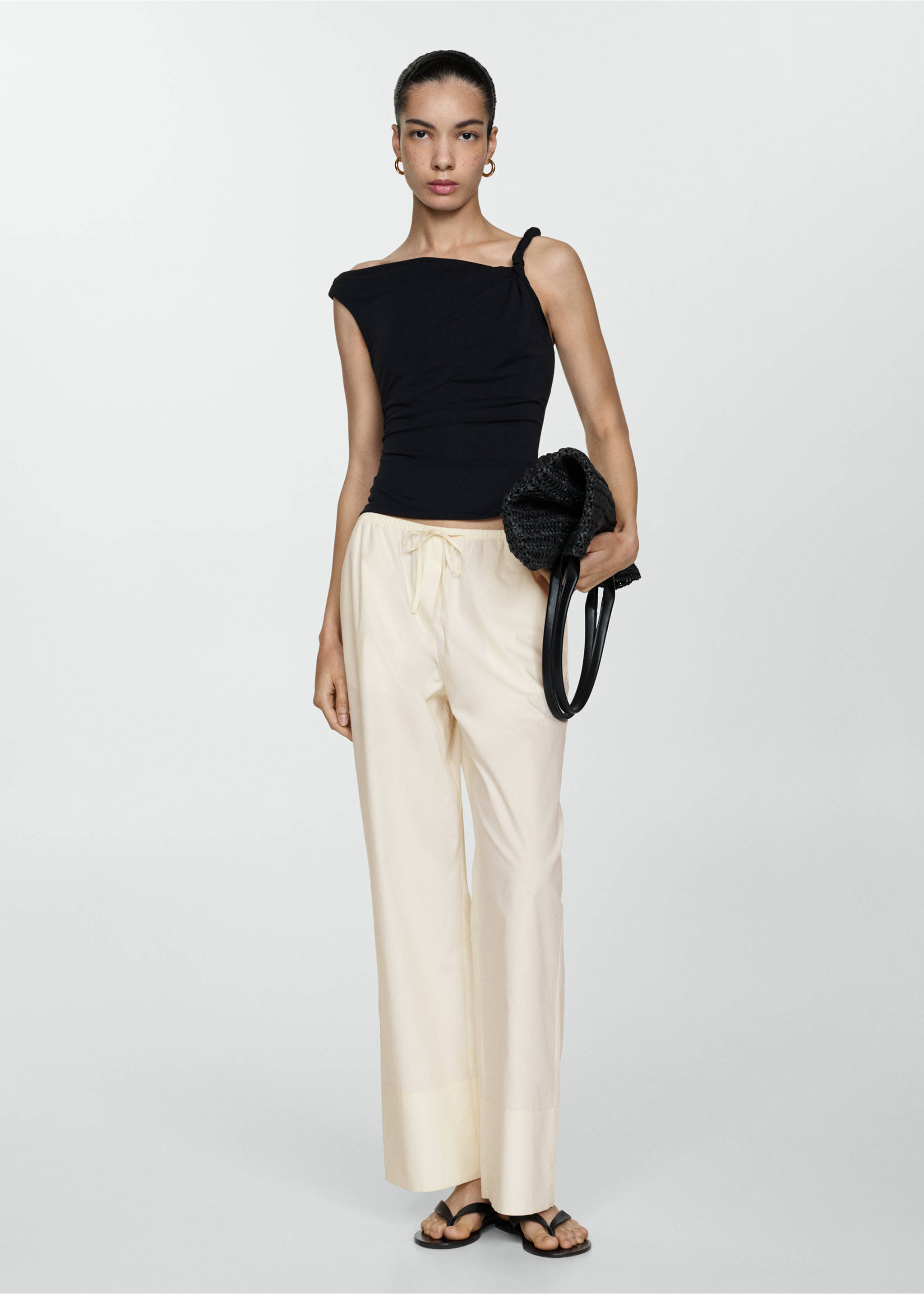Cotton wide leg pants - Details of the article 2, Ecru. Ref: 77090368-00.