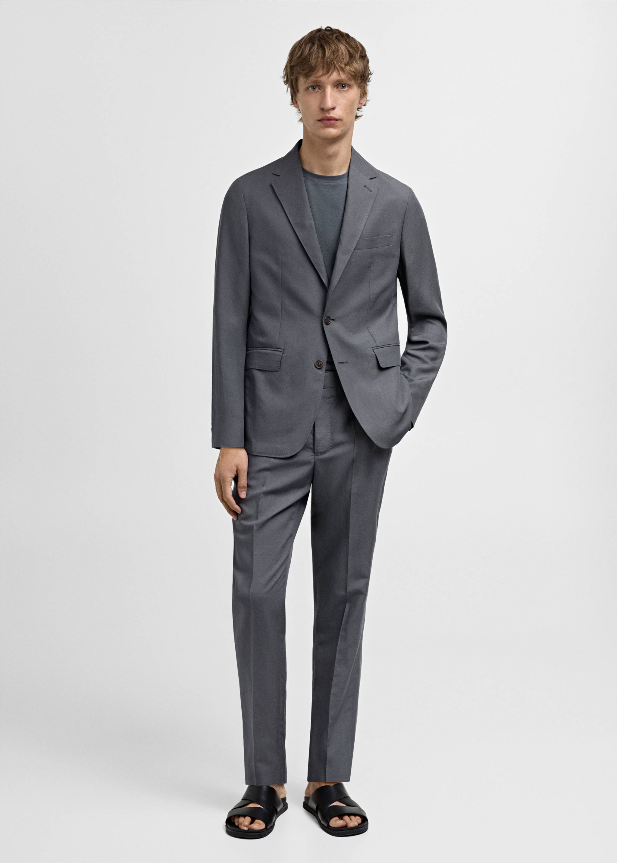 Slim fit keten karışımlı blazer ceket - Genel plan, Petrol Mavisi. Ref: 77092531-00.