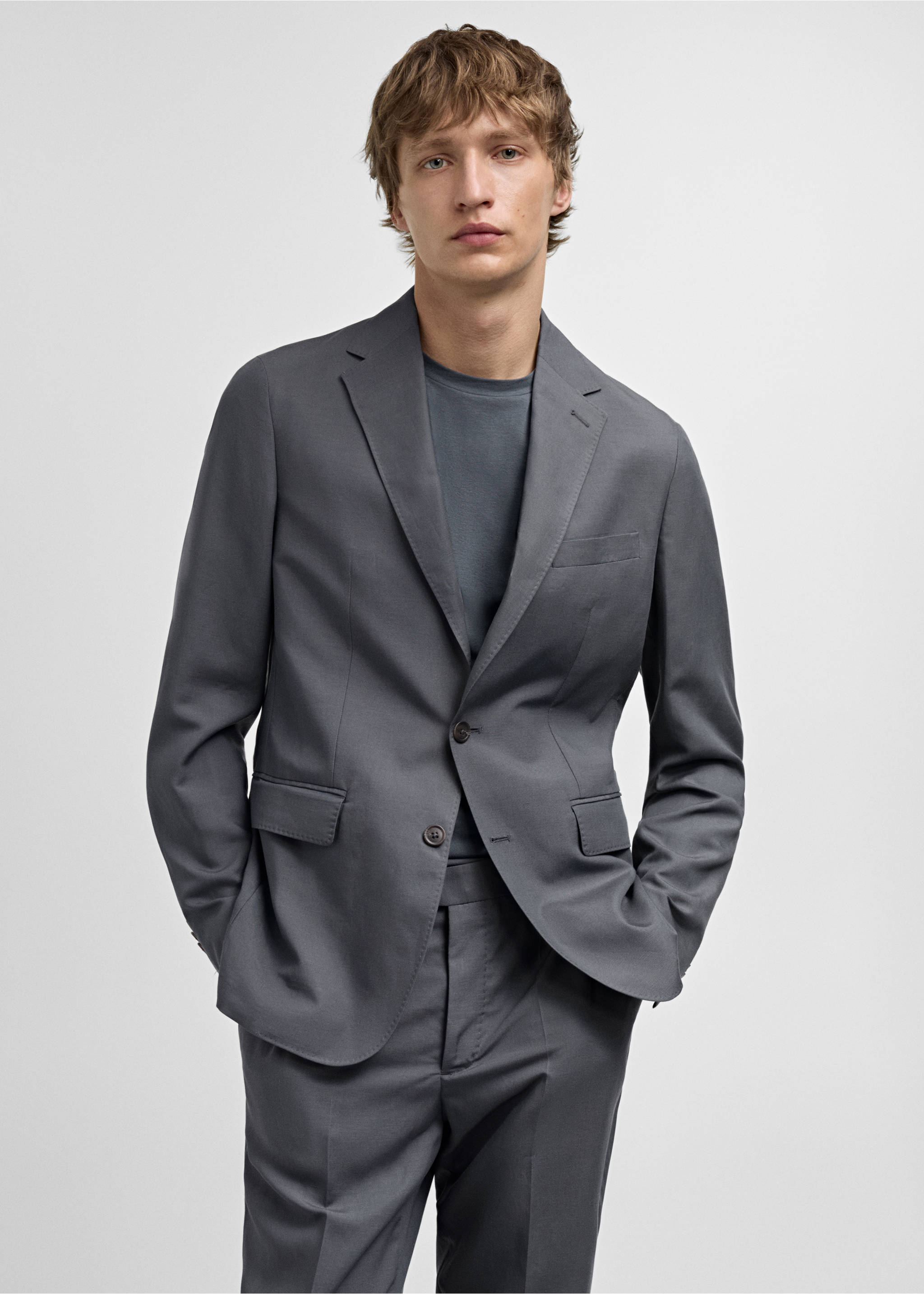 Slim fit keten karışımlı blazer ceket - Orta plan, Petrol Mavisi. Ref: 77092531-00.