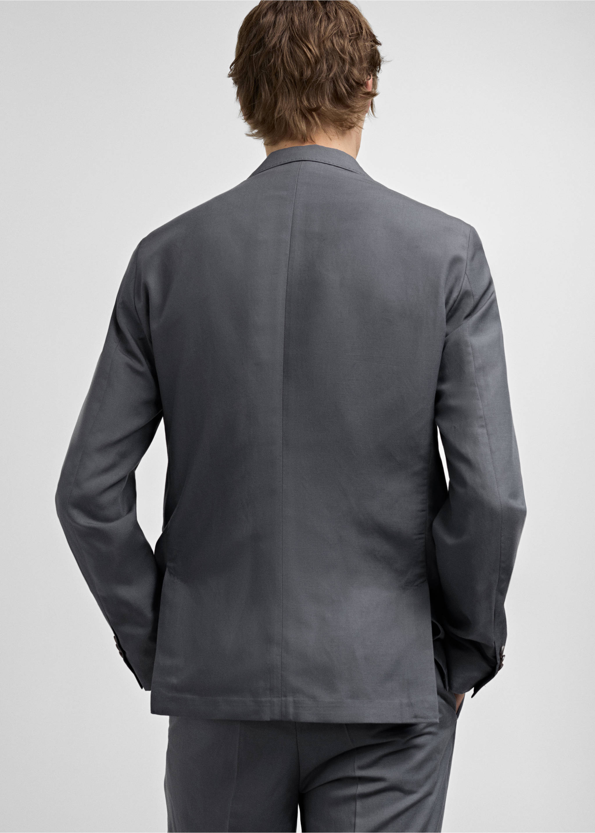 Slim fit keten karışımlı blazer ceket - Ürünün arkası, Petrol Mavisi. Ref: 77092531-00.