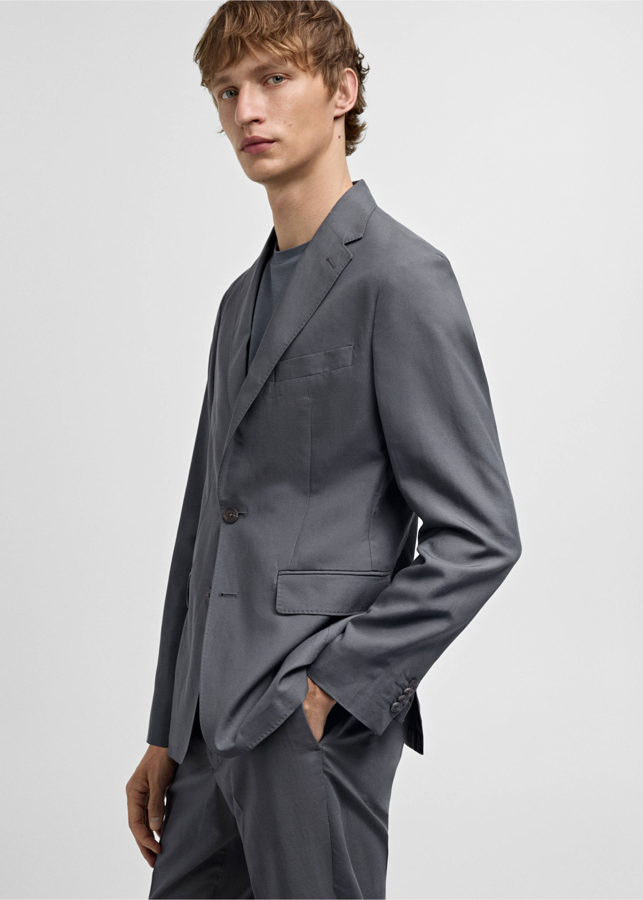 Slim fit keten karışımlı blazer ceket - Ürün detayı 2, Petrol Mavisi. Ref: 77092531-00.