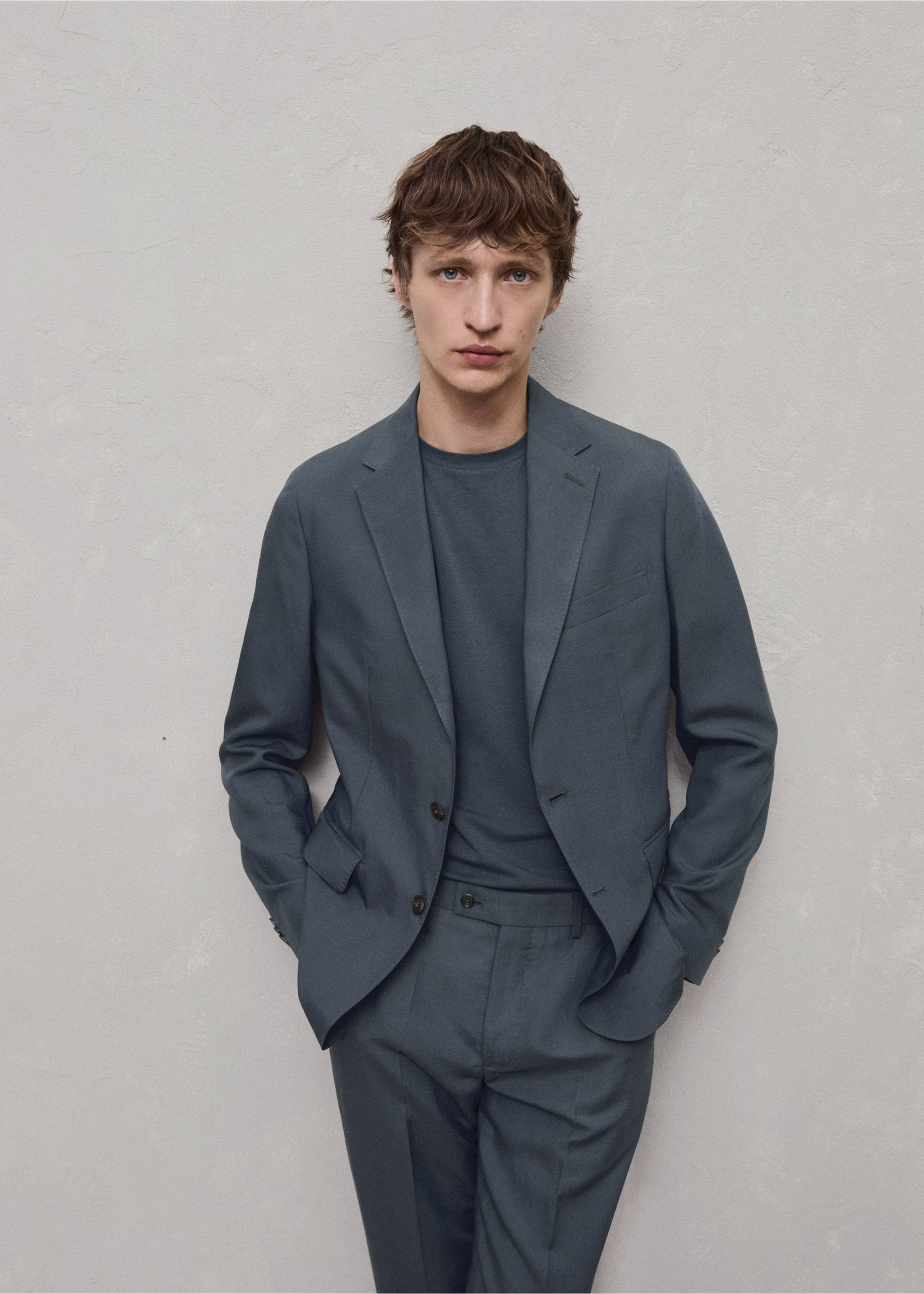 Slim fit keten karışımlı blazer ceket - Ürün detayı 3, Petrol Mavisi. Ref: 77092531-00.