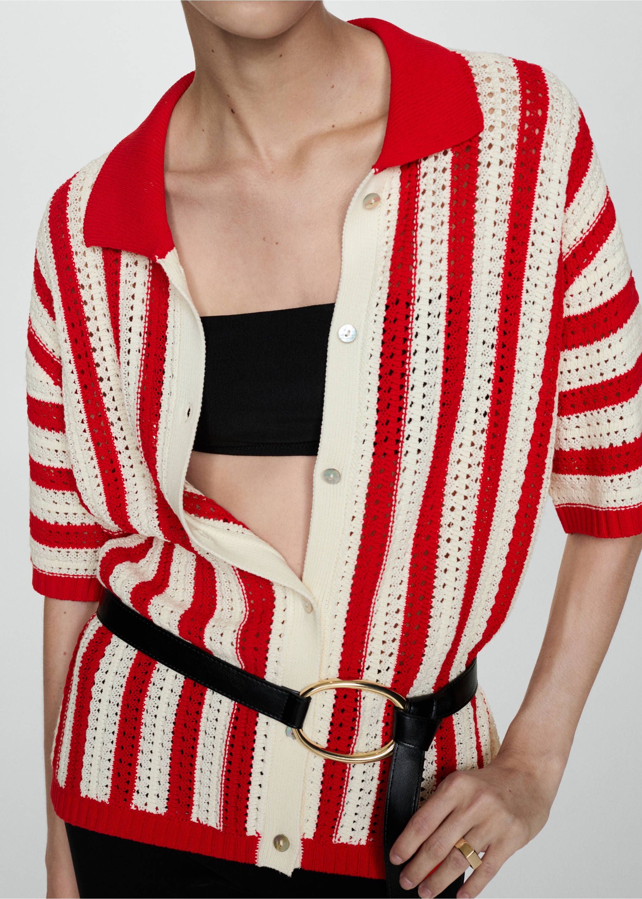 Striped openwork cardigan - Medium plane, Red. Ref: 77092923-00.