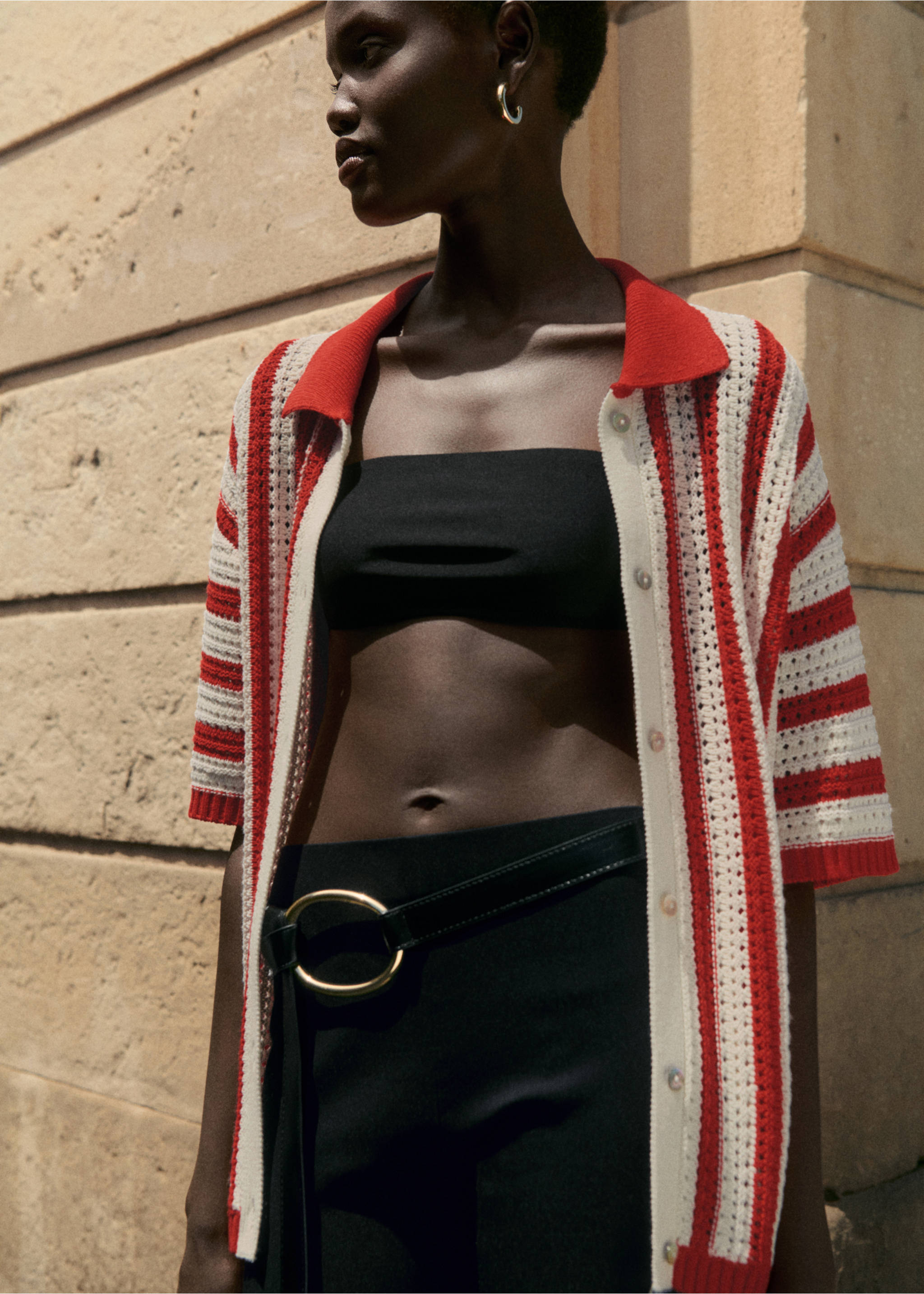 Striped openwork cardigan - Details of the article 7, Red. Ref: 77092923-00.