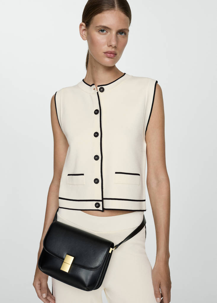 Knitted waistcoat with contrast piping — Ecru