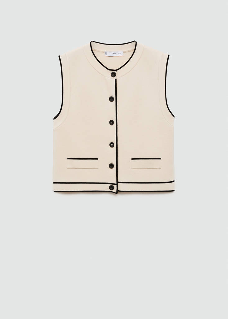 Knitted waistcoat with contrast piping — Ecru