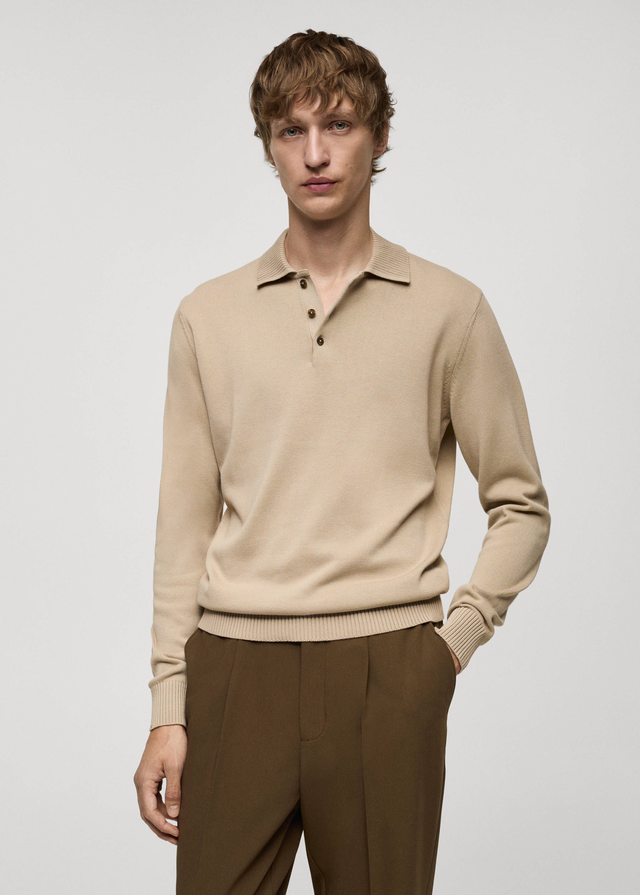 Long-sleeved cotton-knit polo sweater - Medium plane