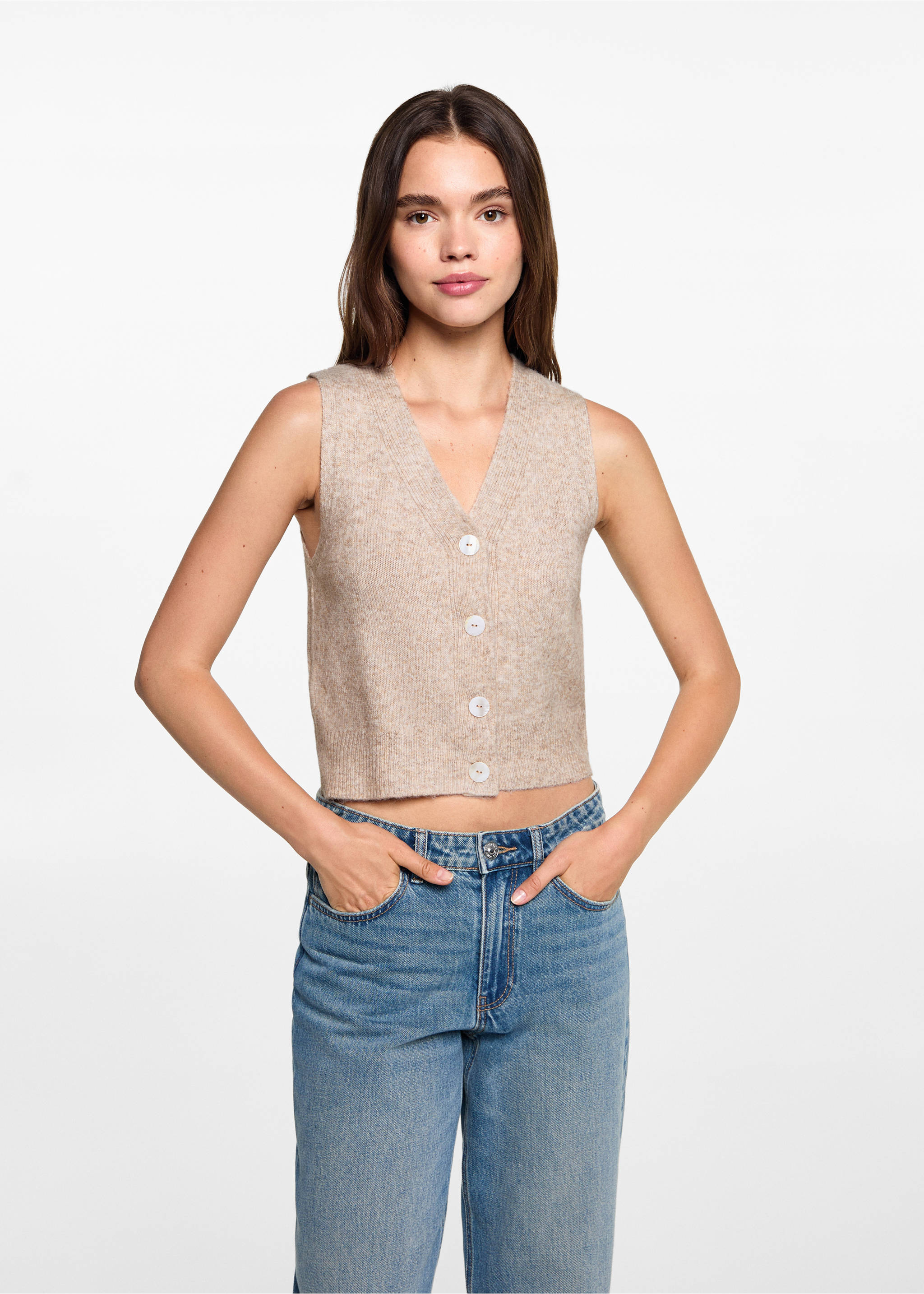 Gilet boutons - Plan moyen, Sable. Ref: 77094781-00.