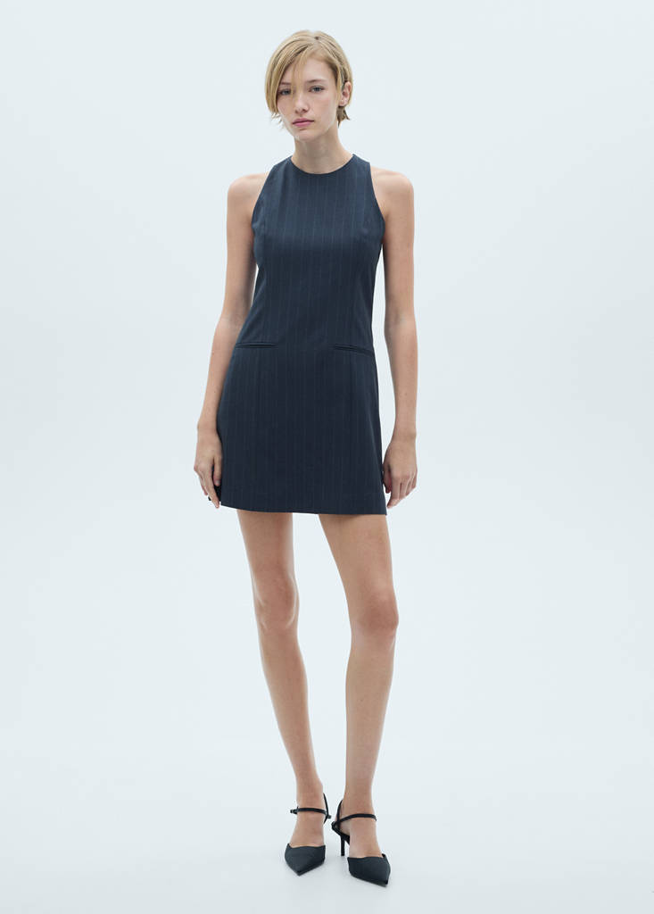 MANGO - Robe courte fines rayures bleu marine foncé - XS