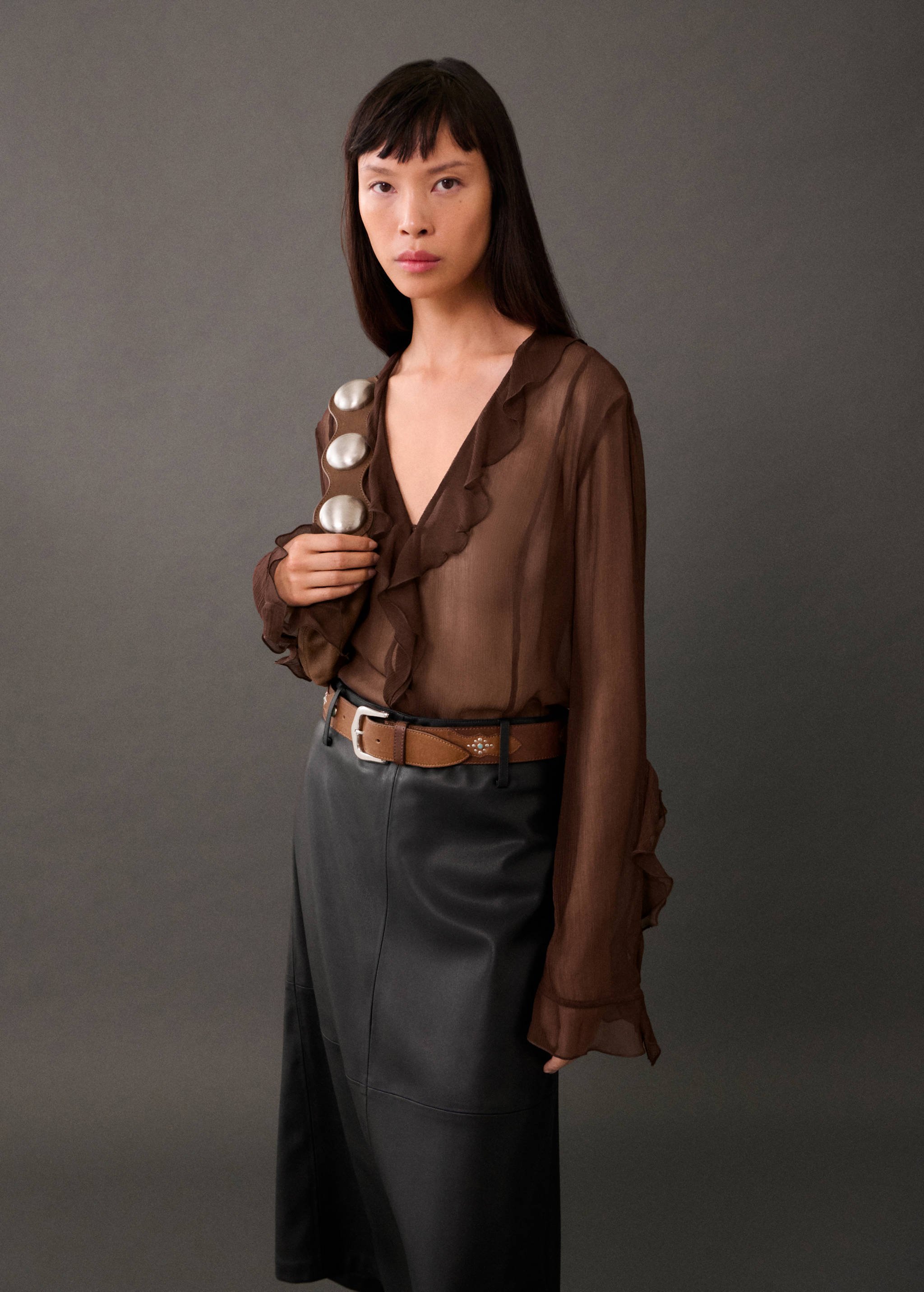 皮革质感中长裙 - null