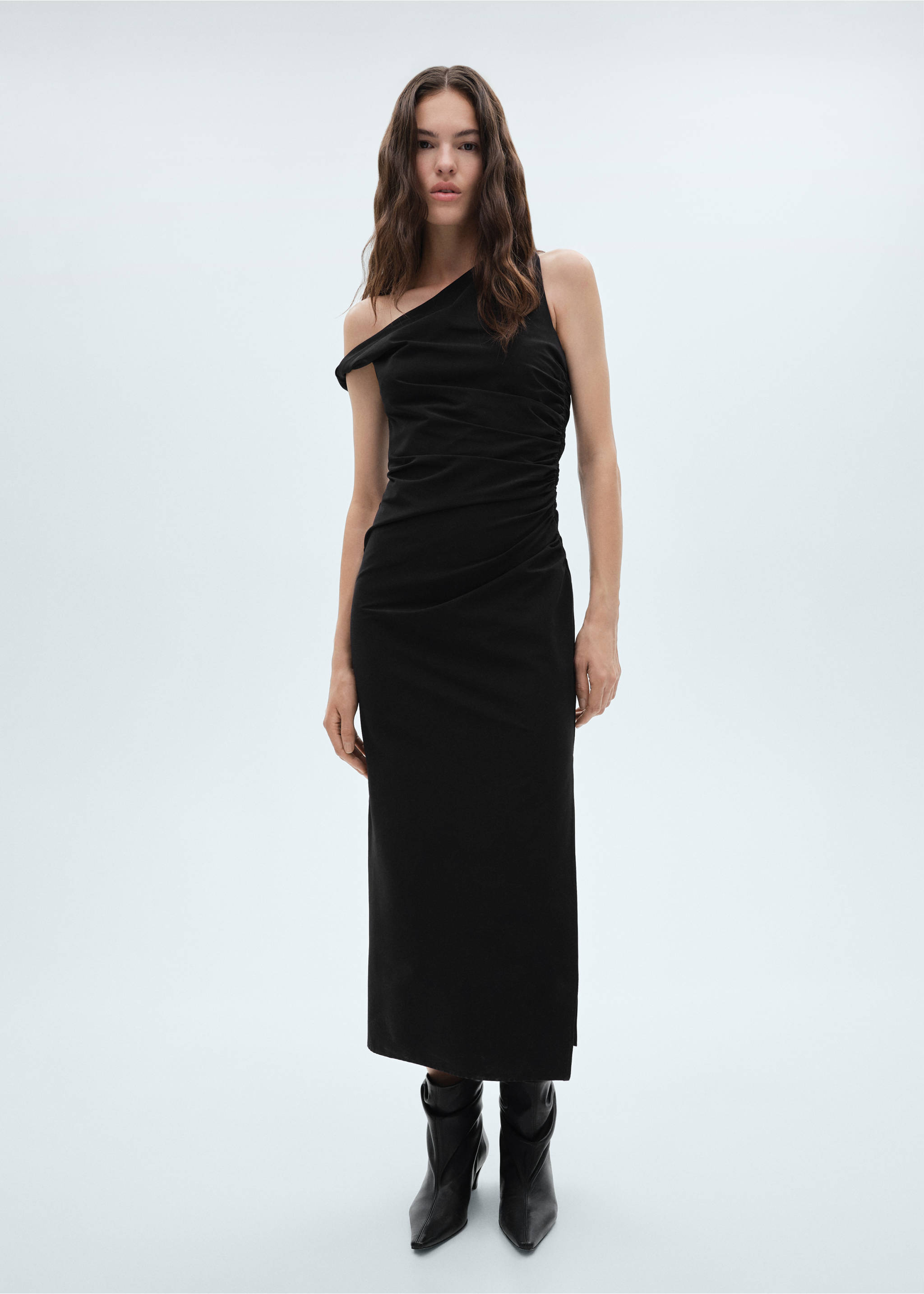 Asymmetrische jurk met gesmokte details - Overzichtstekening, Zwart. Ref: 77097689-00.