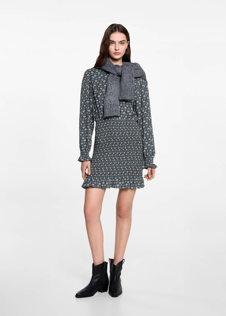 MANGO TEEN - Robe imprimée détail froncé gris anthracite - XS - Fille Teen