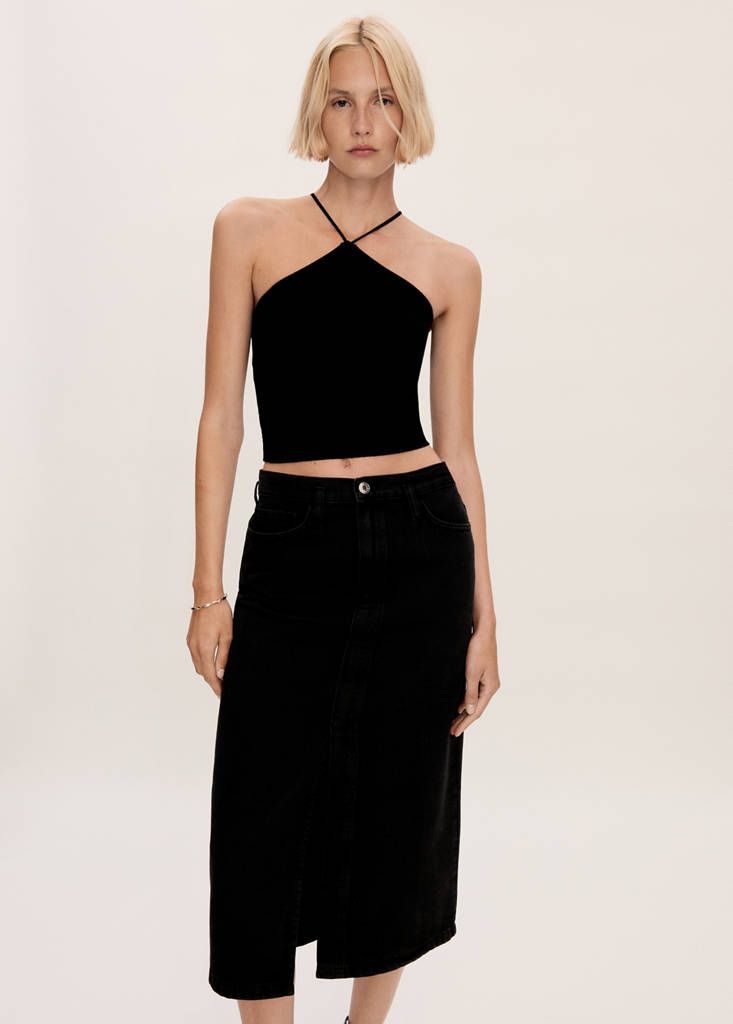 Slit denim skirt — Black denim