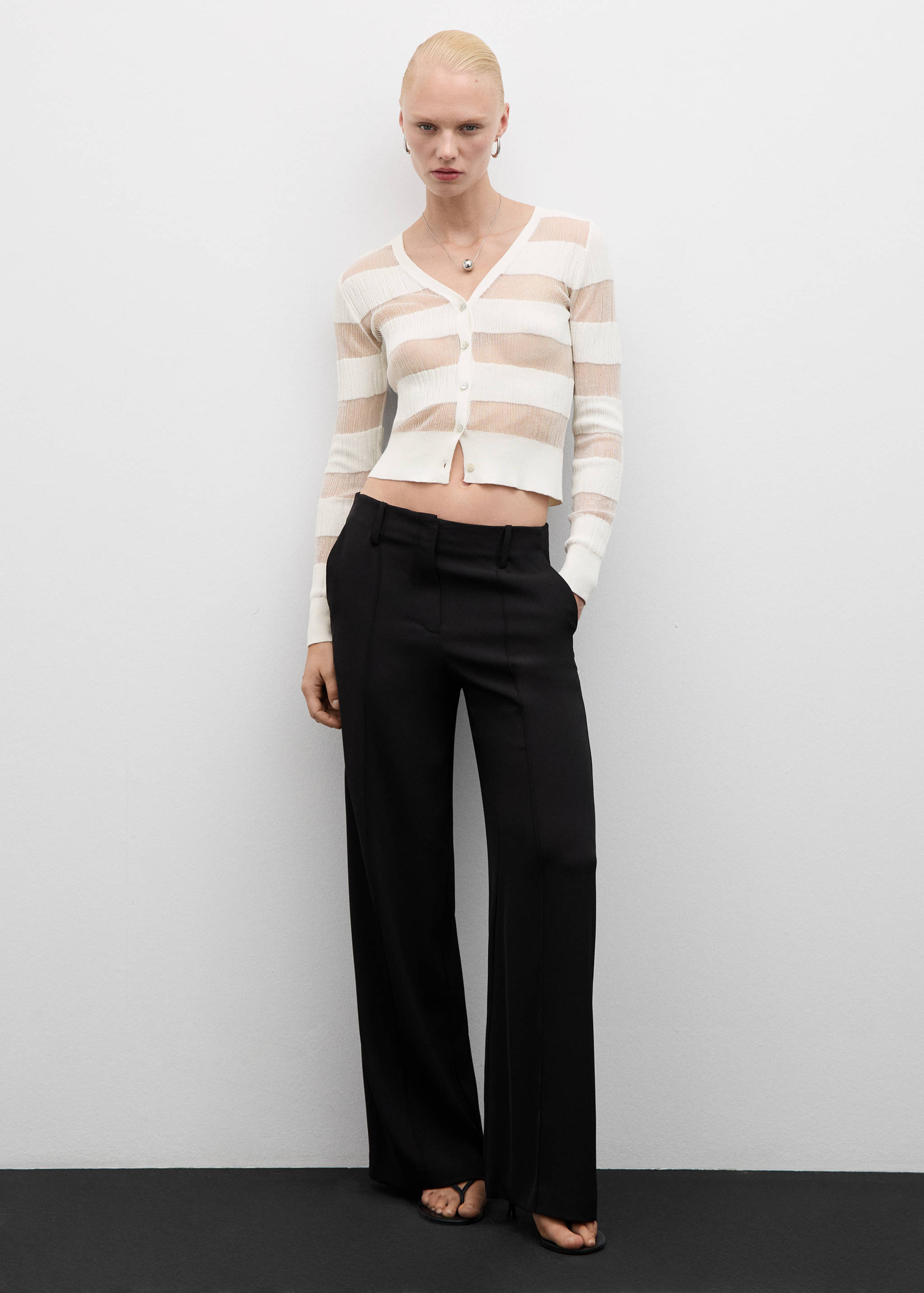 半透明纹理开襟毛衣 - null