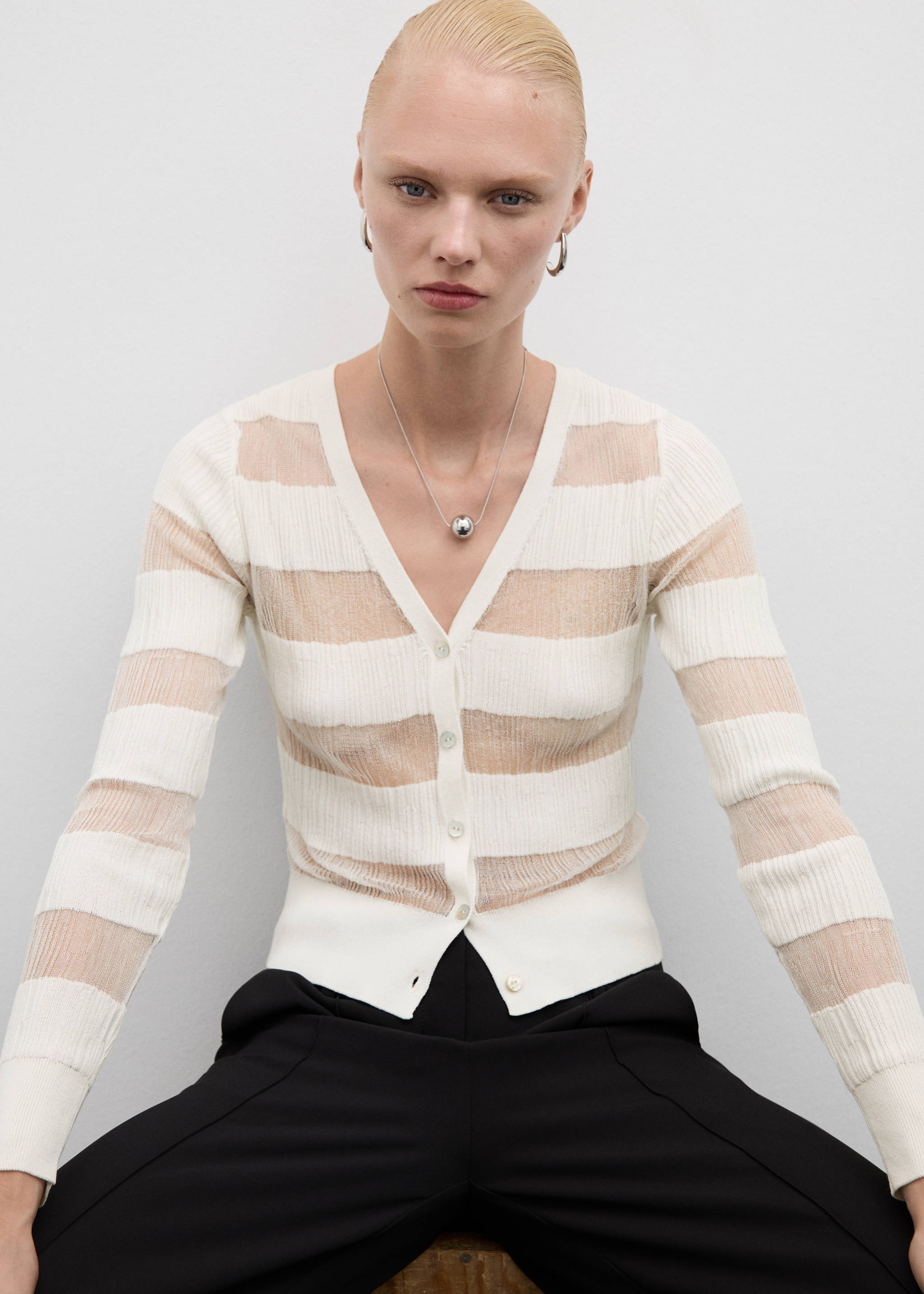 半透明纹理开襟毛衣 - null