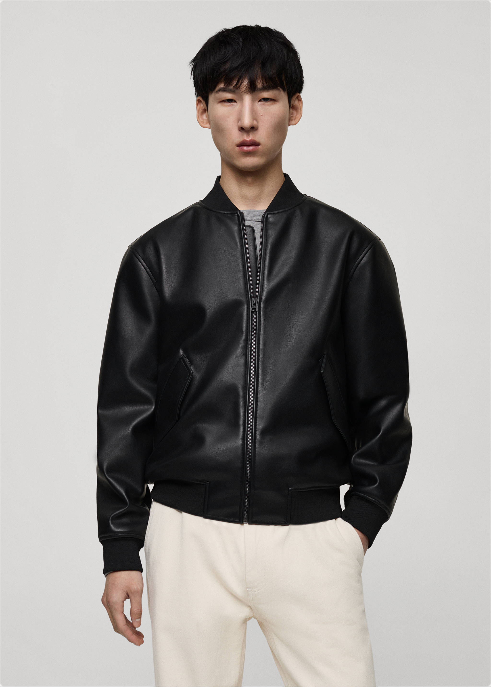 Faux-leather bomber jacket - Medium plane, Black. Ref: 87000590-00.