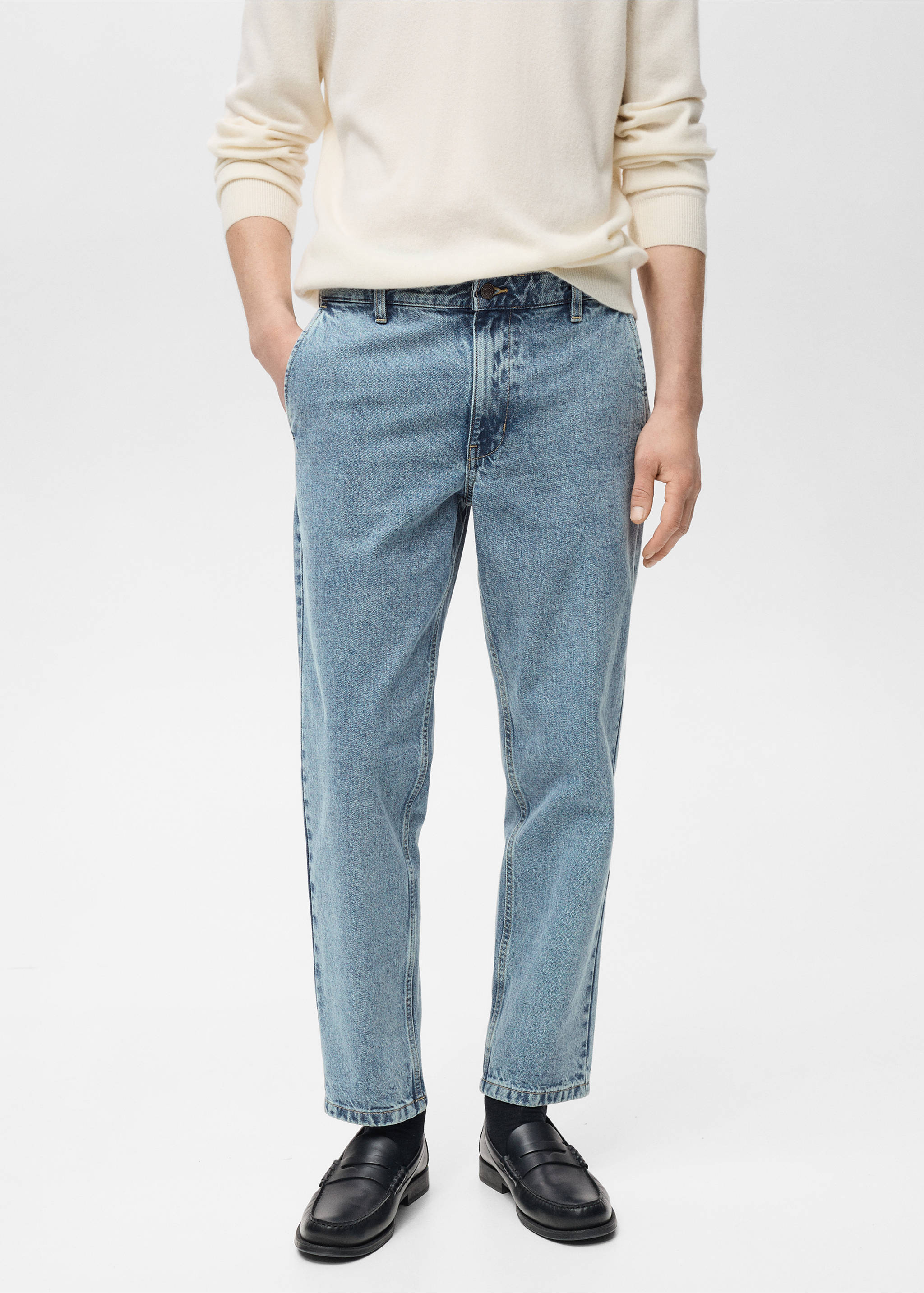 Worn effect straight fit jeans - Средний план, Синий средний. Ref: 87000599-01.