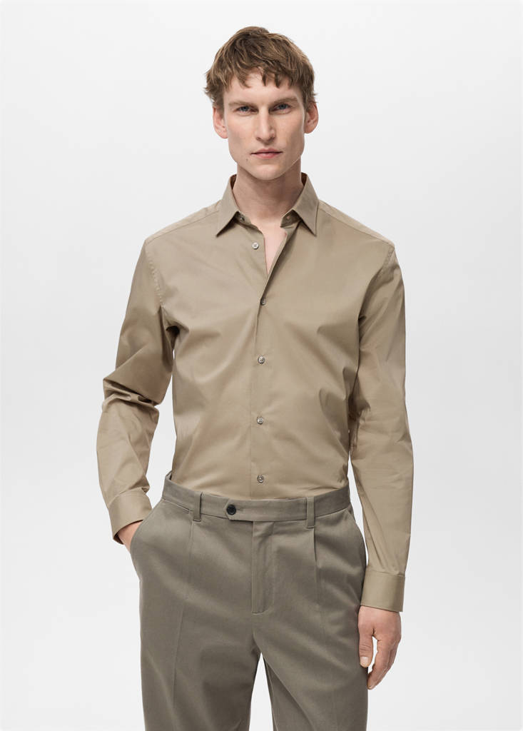 Regular-fit stretch cotton shirt — Medium Brown