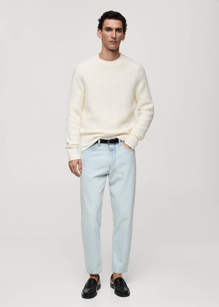 MANGO MAN - Pull-over maille côtelée laine mélangée blanc cassé - S